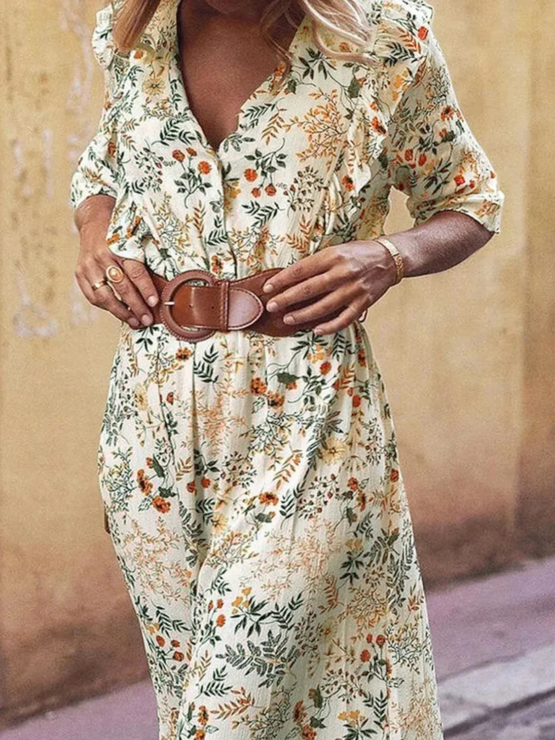 Casual Floral Cutout Flounce Sleeve Dress - Southern Shores Clothing