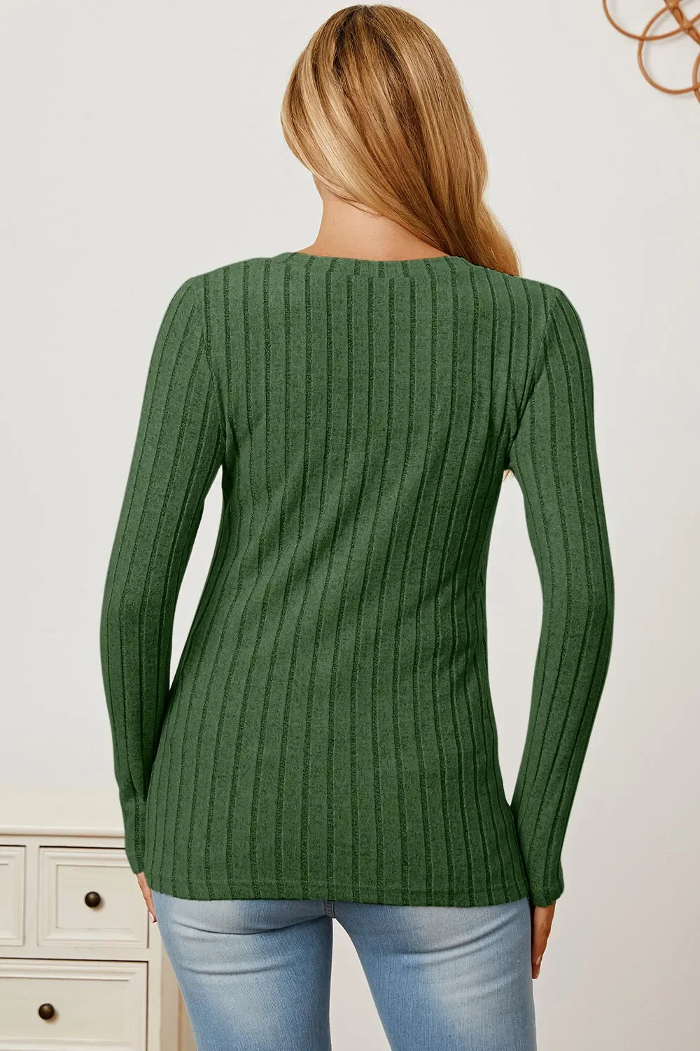 Classic Ribbed V-Neck Long Sleeve Knit Tee Top - Southern Shores Clothing