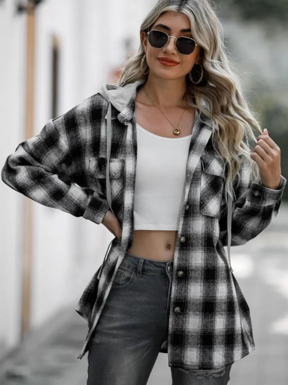 Buttoned Drawstring Plaid Long Sleeve Hooded Cozy Shacket | Southern Shores Clothing - Southern Shores Clothing