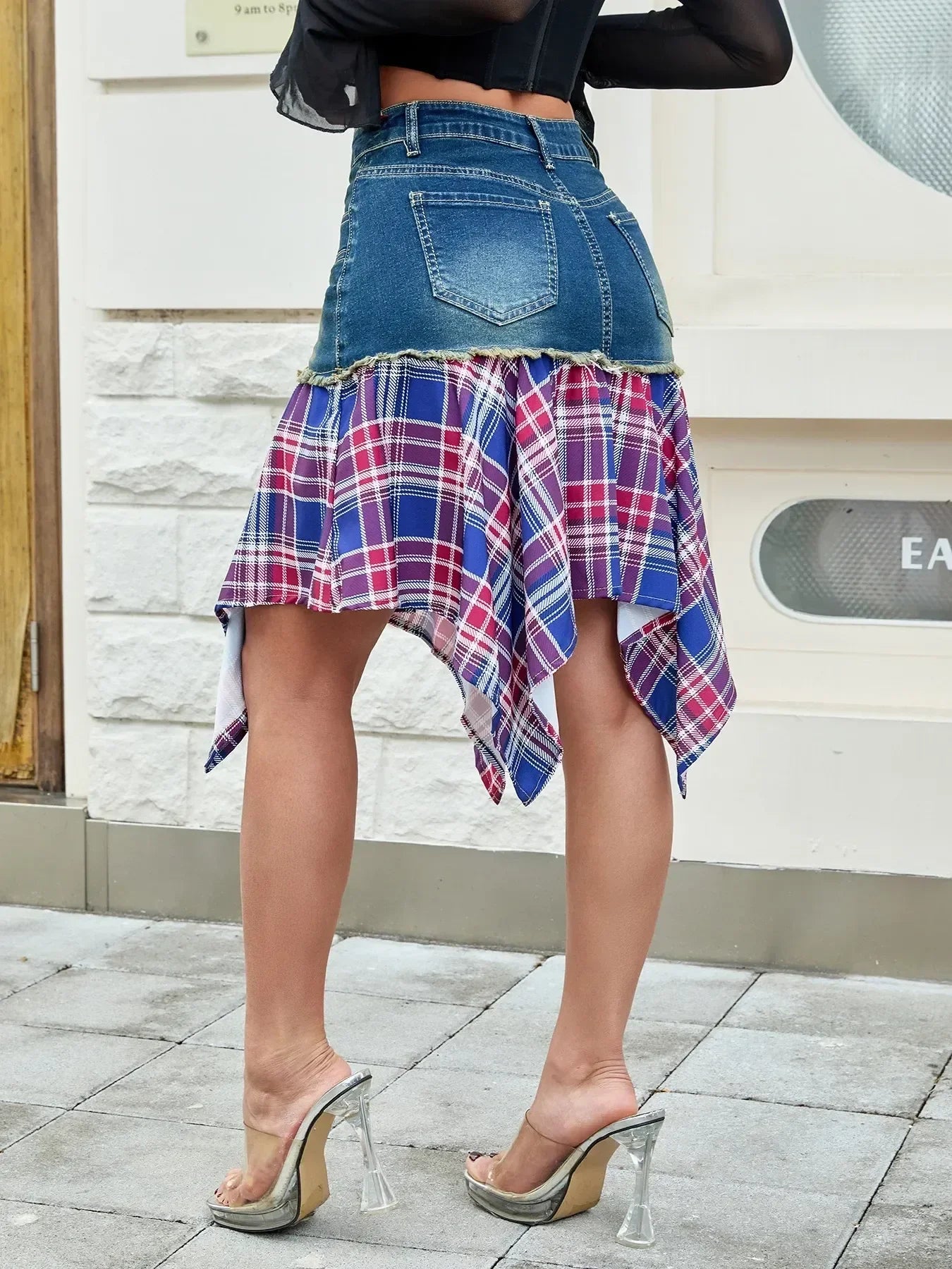 Asymmetric Plaid Hem Denim Skirt With Pockets - Southern Shores Clothing