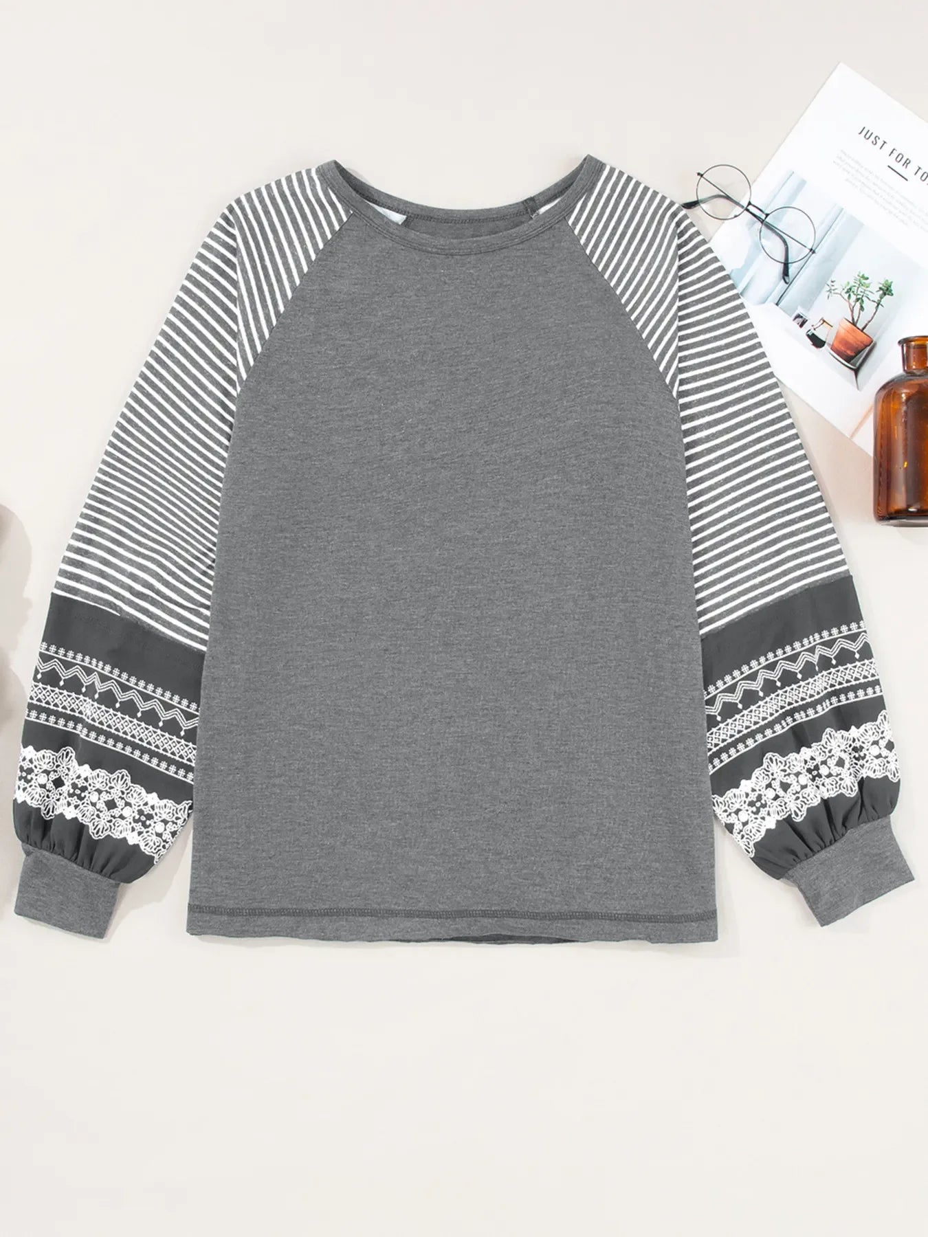 Contrast Print Striped Raglan Long Sleeve Loose Top - Southern Shores Clothing