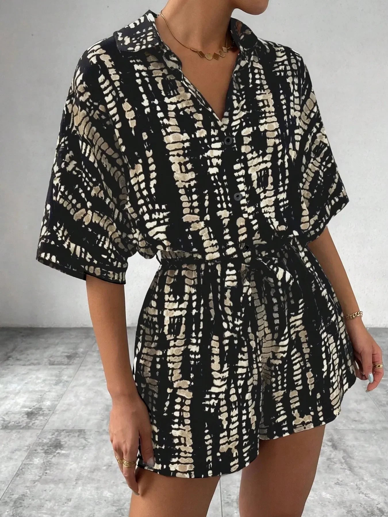Belted Buttoned Collar Neck Short Sleeve Romper - Southern Shores Clothing