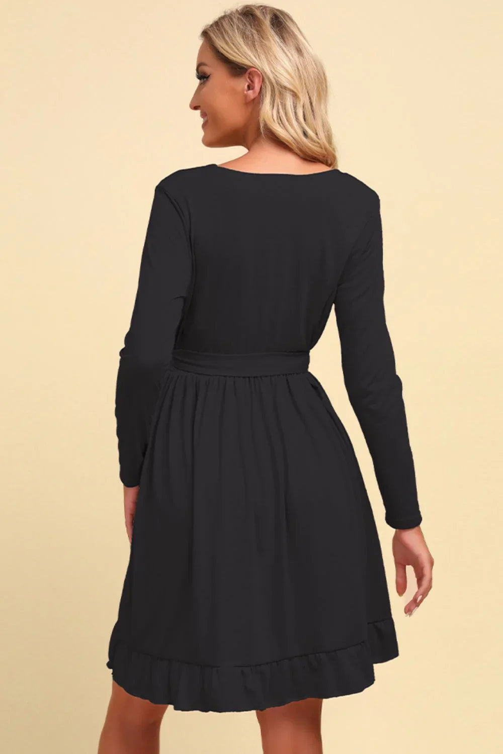 Long Sleeve Tie Waist Ruffle Hem Dress - Southern Shores Clothing