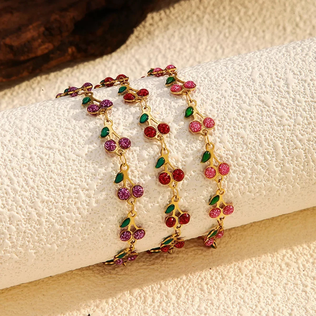 18K Plated Cherry Charm Bracelet With Green Leaves - Southern Shores Clothing