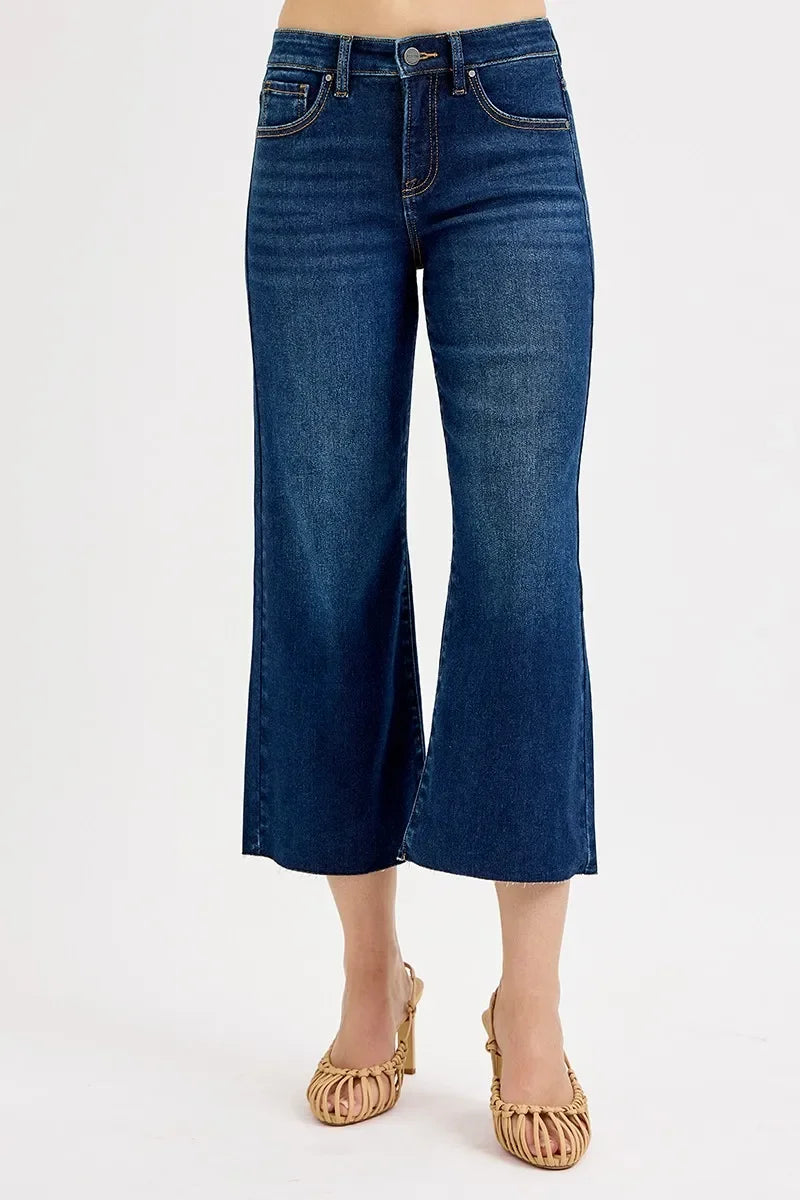 Plus Size High Rise Crop Wide Denim Jeans Tummy Control - Southern Shores Clothing