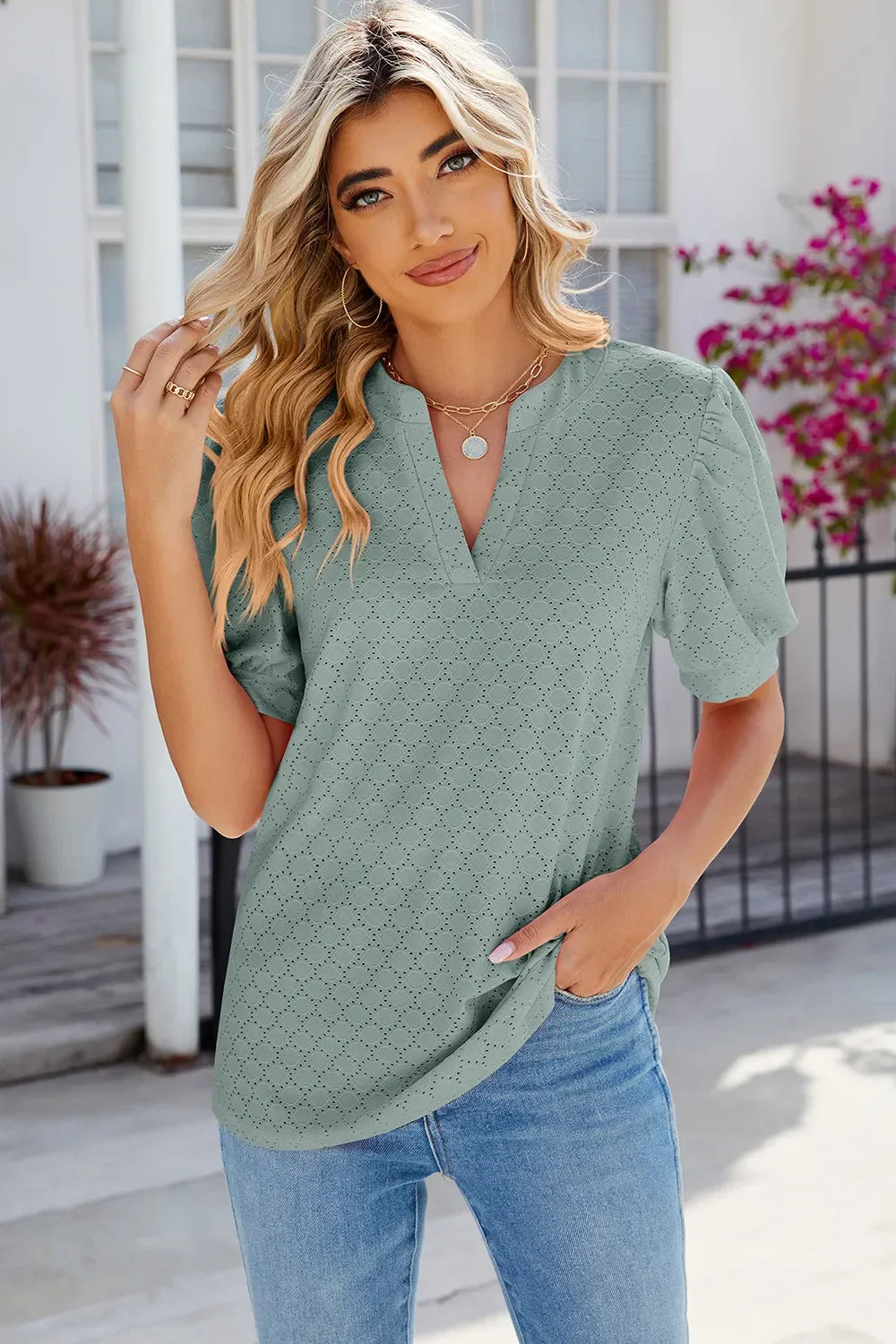 Eyelet Notched Puff Sleeve T-Shirt - Southern Shores Clothing