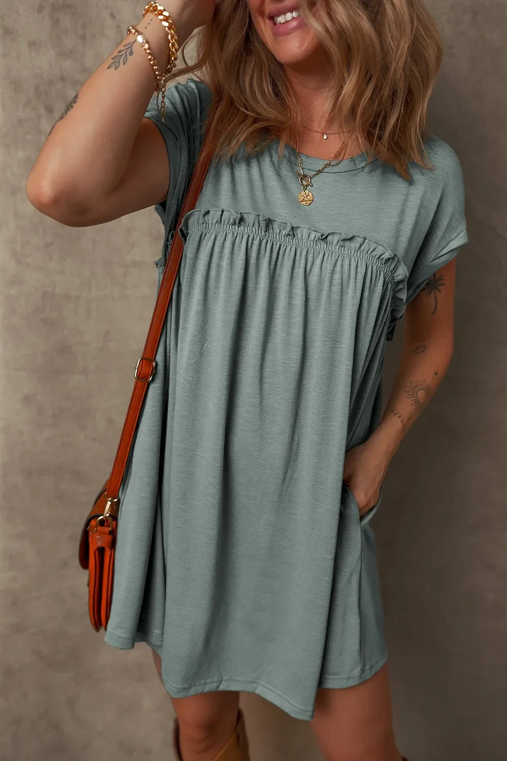 Frilled Gathered Seam Round Neck T Shirt Dress With Stretch - Southern Shores Clothing