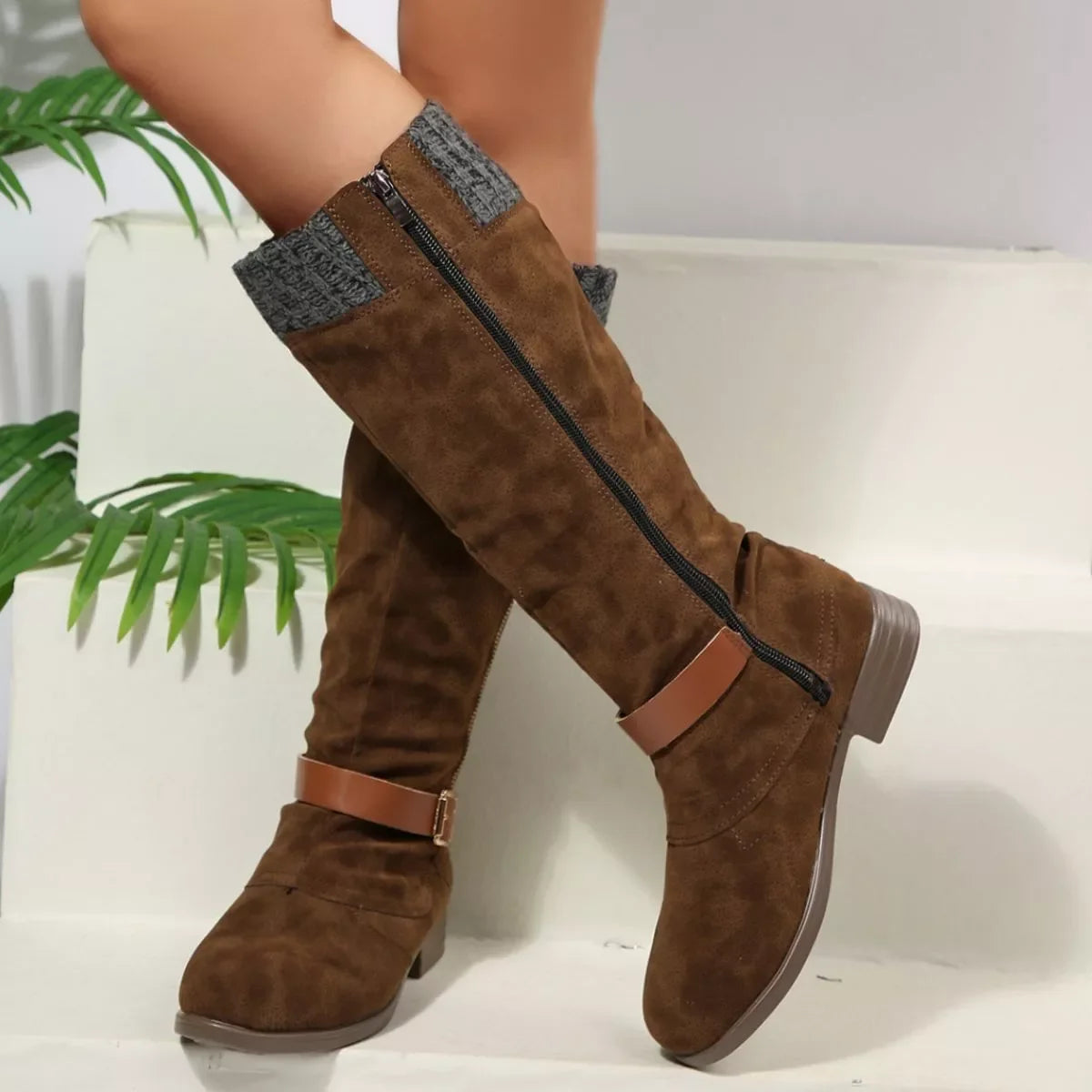 Round Toe Block Heel Boots Suede Rubber Casual