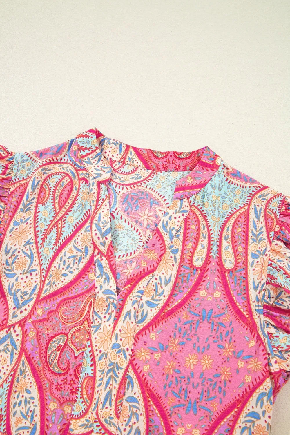 Tribal Paisley Print Ruffled Sleeve Notch Neck Midi Dress - Southern Shores Clothing