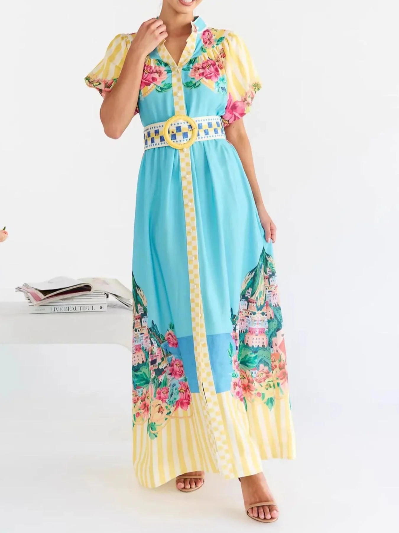 Printed Button Front Puff Sleeve Maxi Dress - Southern Shores Clothing