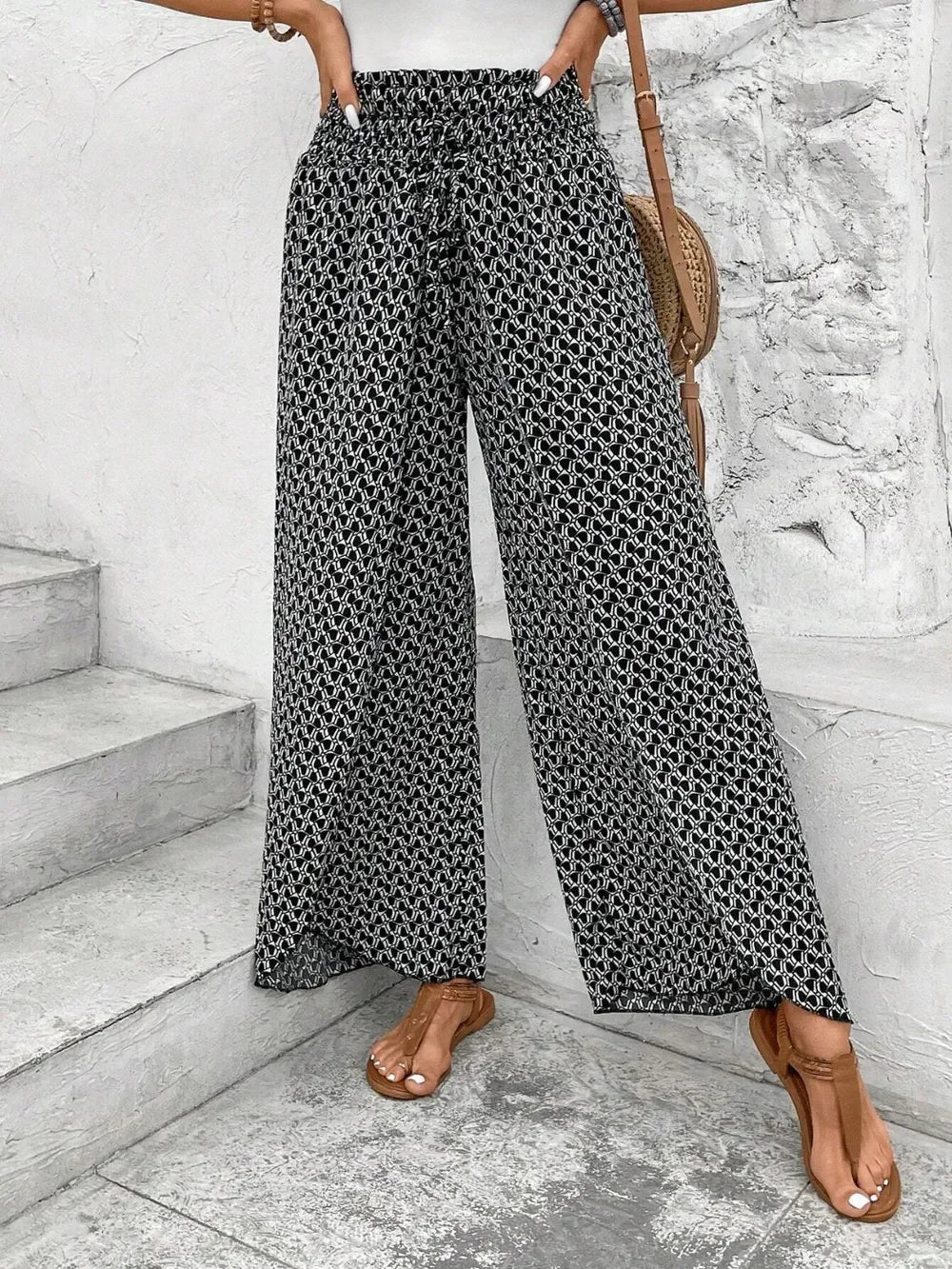 Floral Print Tie-Waist Wide Leg Pants With Front Slit Detail - Southern Shores Clothing