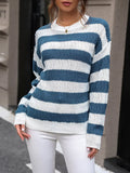 Striped Round Neck Dropped Shoulder Acrylic Sweater - Southern Shores Clothing