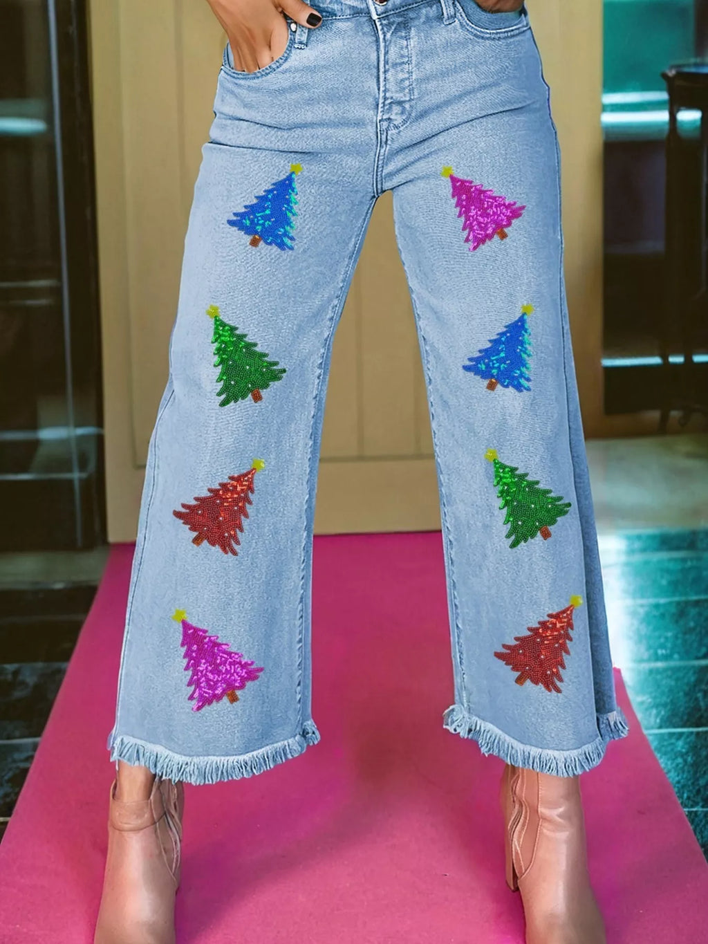 Coastal Colorful Sequin Christmas Tree Patched Jeans