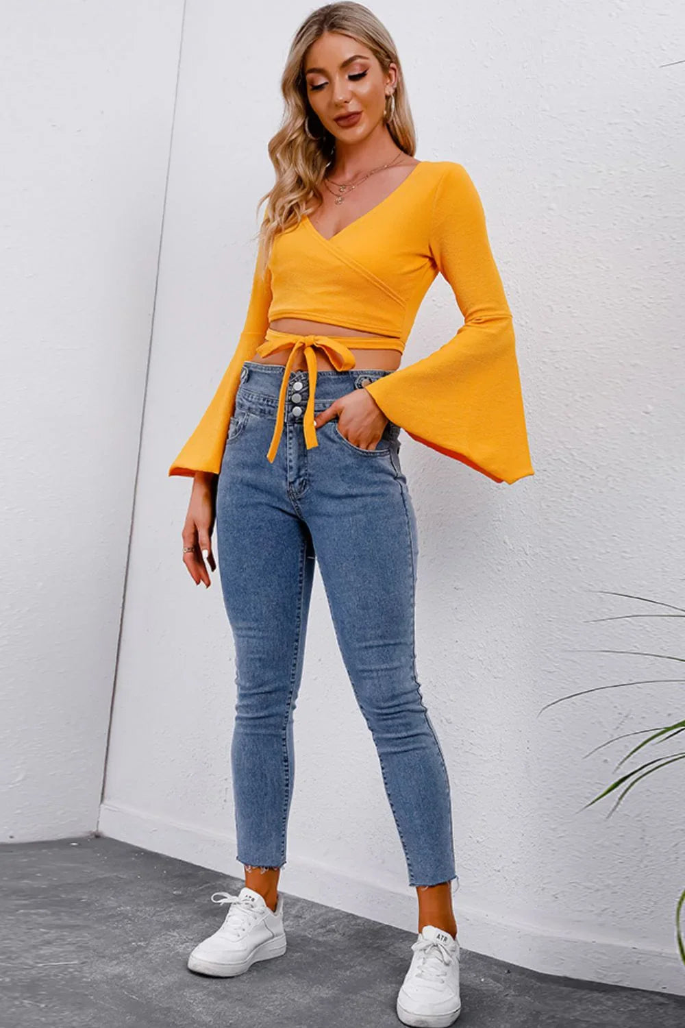 Tie Front Flare Sleeve Cropped Top Surplice Neckline Blouse - Southern Shores Clothing