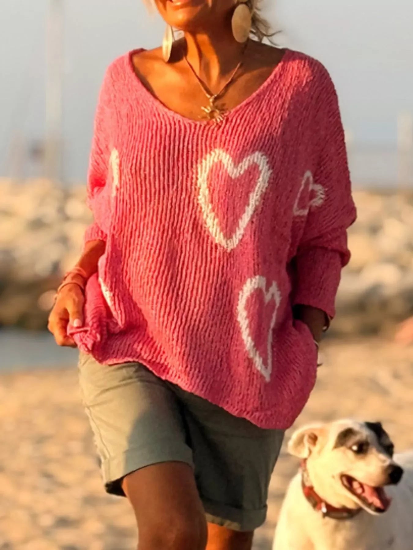 Heart V-Neck Dropped Shoulder Sweater | Southern Shores Clothing - Southern Shores Clothing