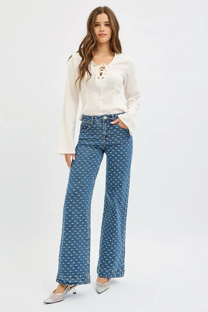 High Rise Wide Leg Bow Embroidered Denim Jeans - Southern Shores Clothing