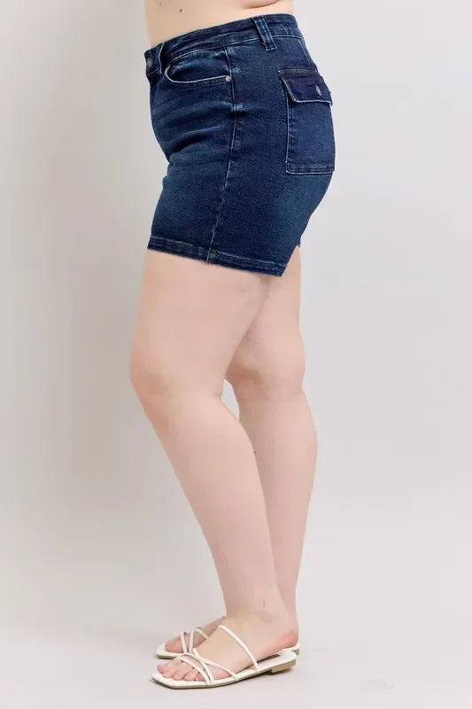High Waist Denim Shorts With Back Flap Pocket Plus Size - Southern Shores Clothing