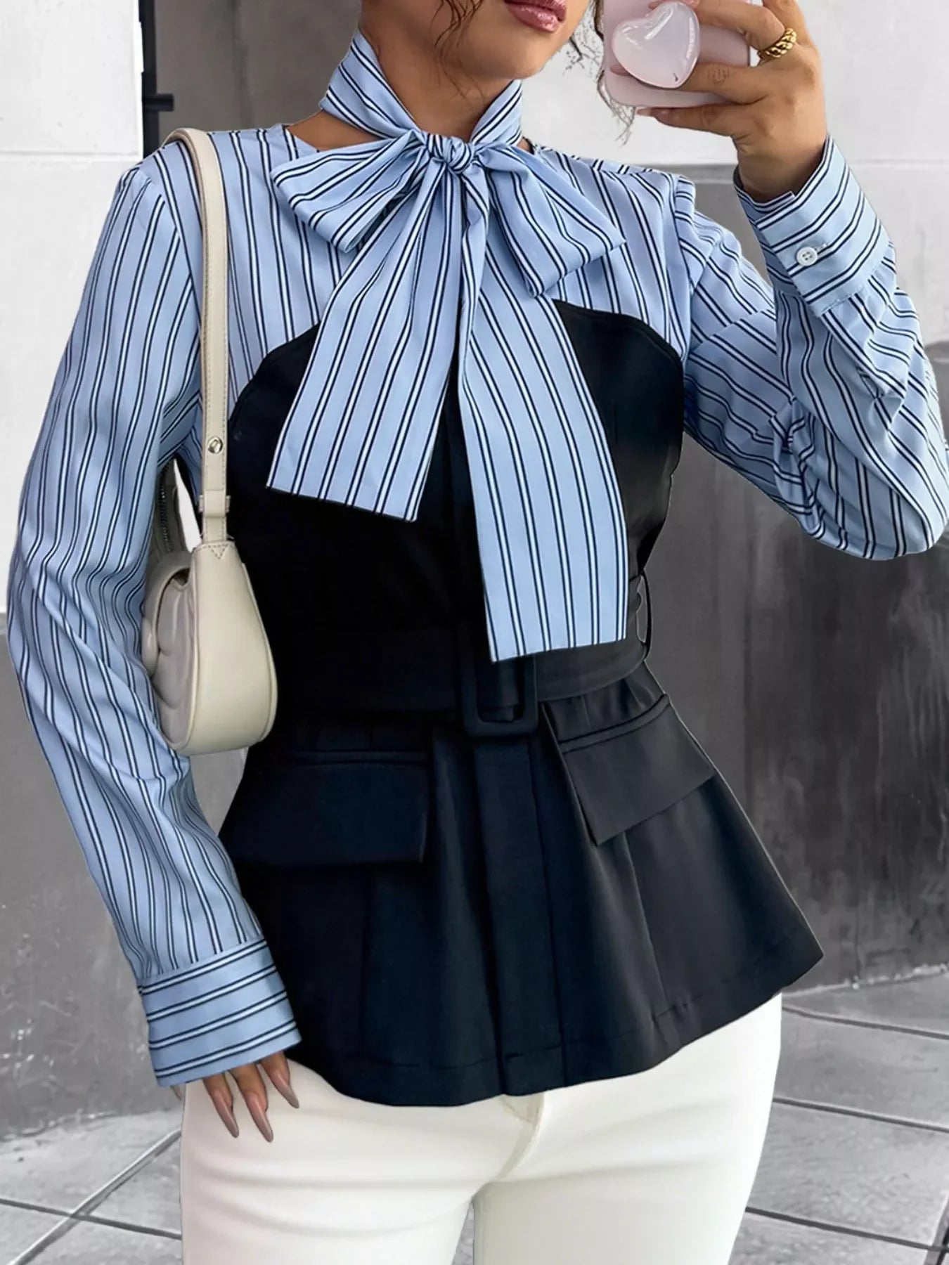 Striped Long Sleeve Buttoned Blouse With Bow Tie - Southern Shores Clothing