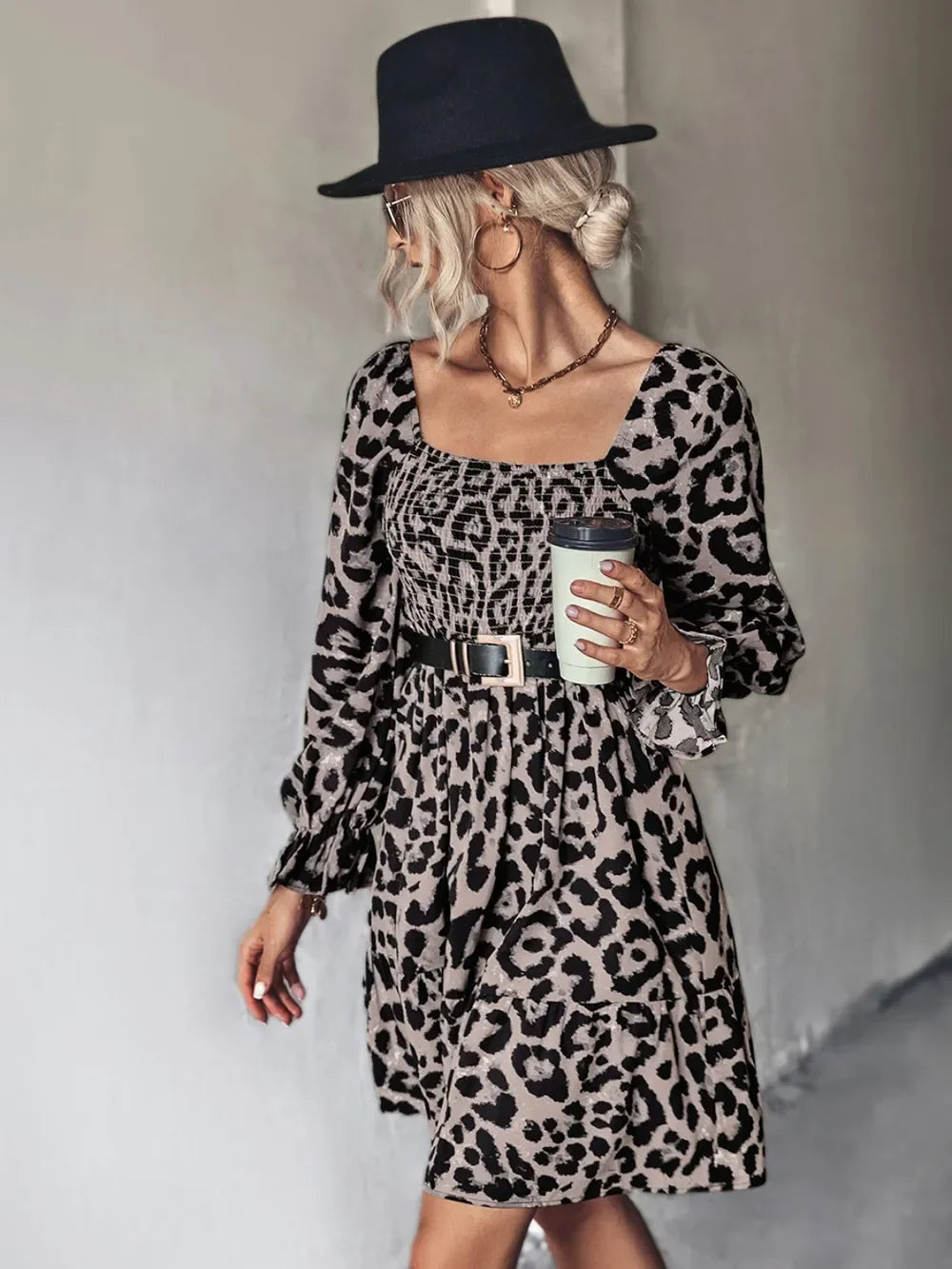 Leopard Smocked Flounce Sleeve Mini Dress - Southern Shores Clothing