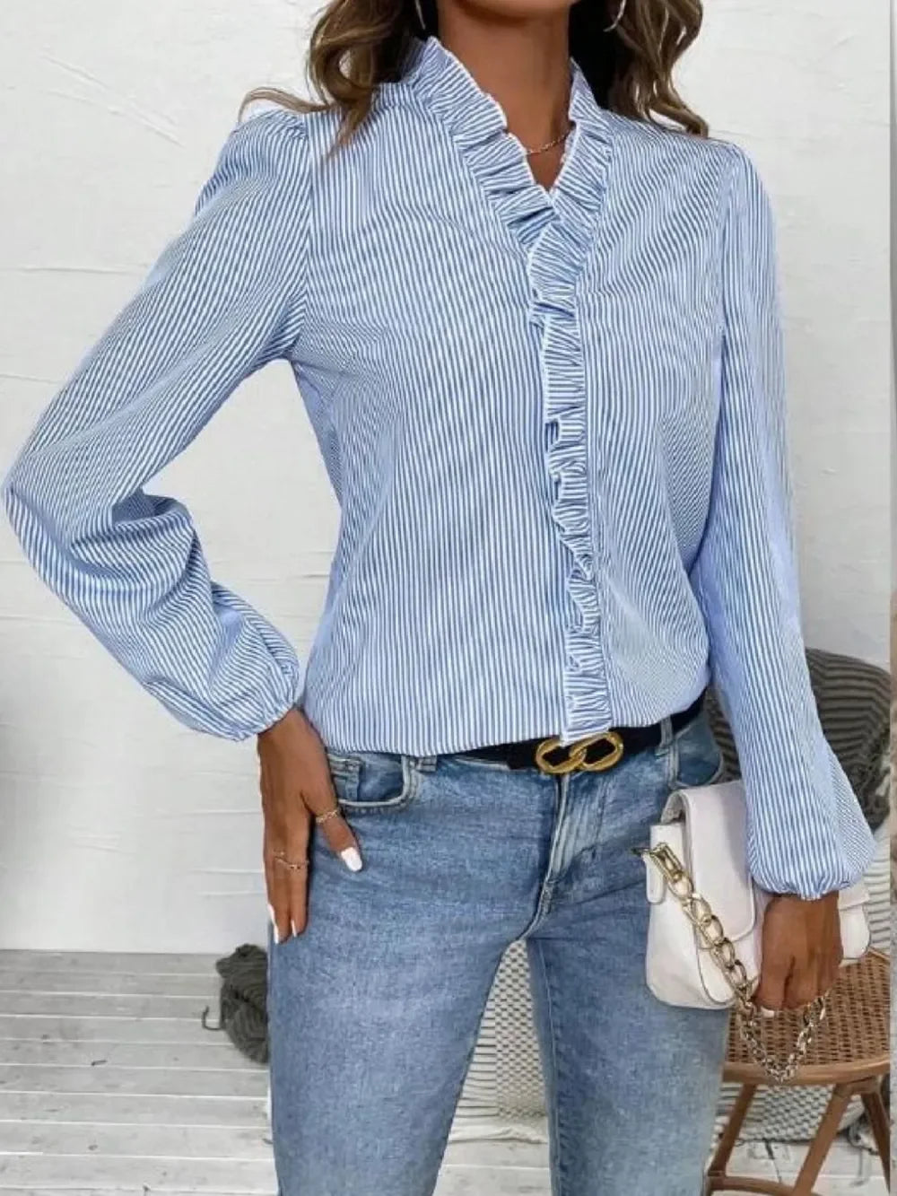 Striped V-Neck Long Sleeve Frill Blouse - Southern Shores Clothing