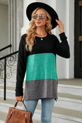 Block Pattern Round Neck Long Sleeve Slit T Shirt - Southern Shores Clothing