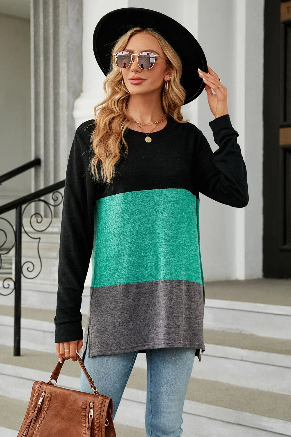 Block Pattern Round Neck Long Sleeve Slit T Shirt - Southern Shores Clothing