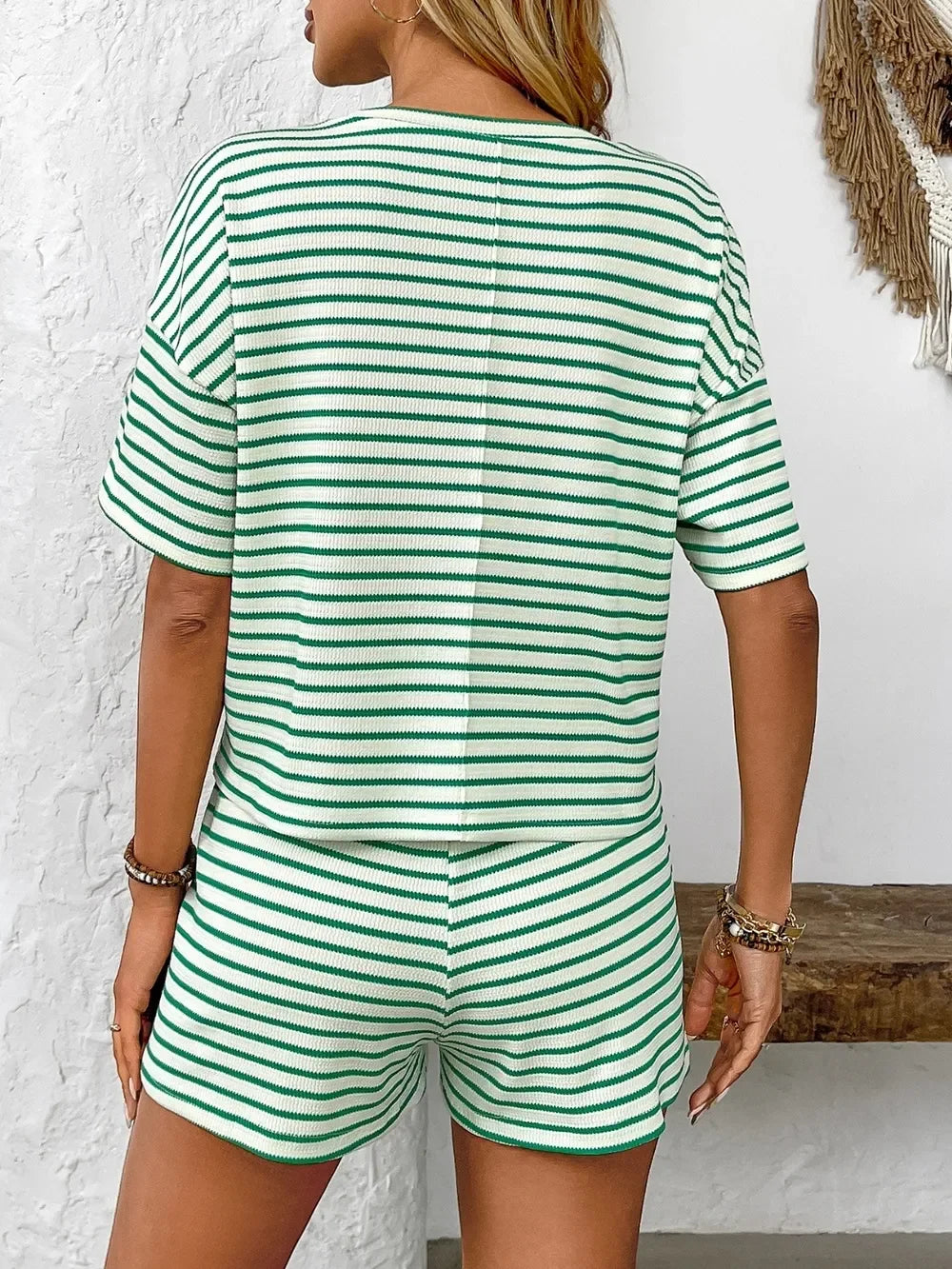 Striped Round Neck Short Sleeve Top and Shorts Set - Southern Shores Clothing