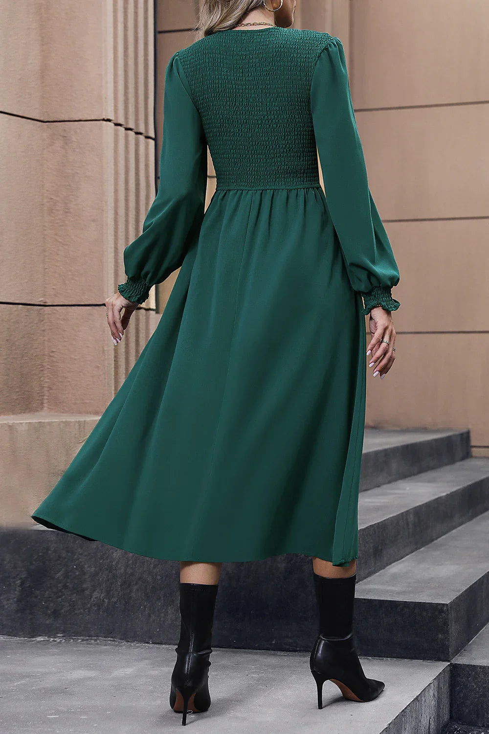 Smocked Long Sleeve Midi Dress For Coastal Activities - Southern Shores Clothing