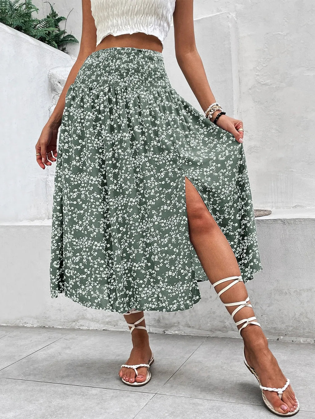 Coastal Inspired Slit Smocked Printed Skirt for Women