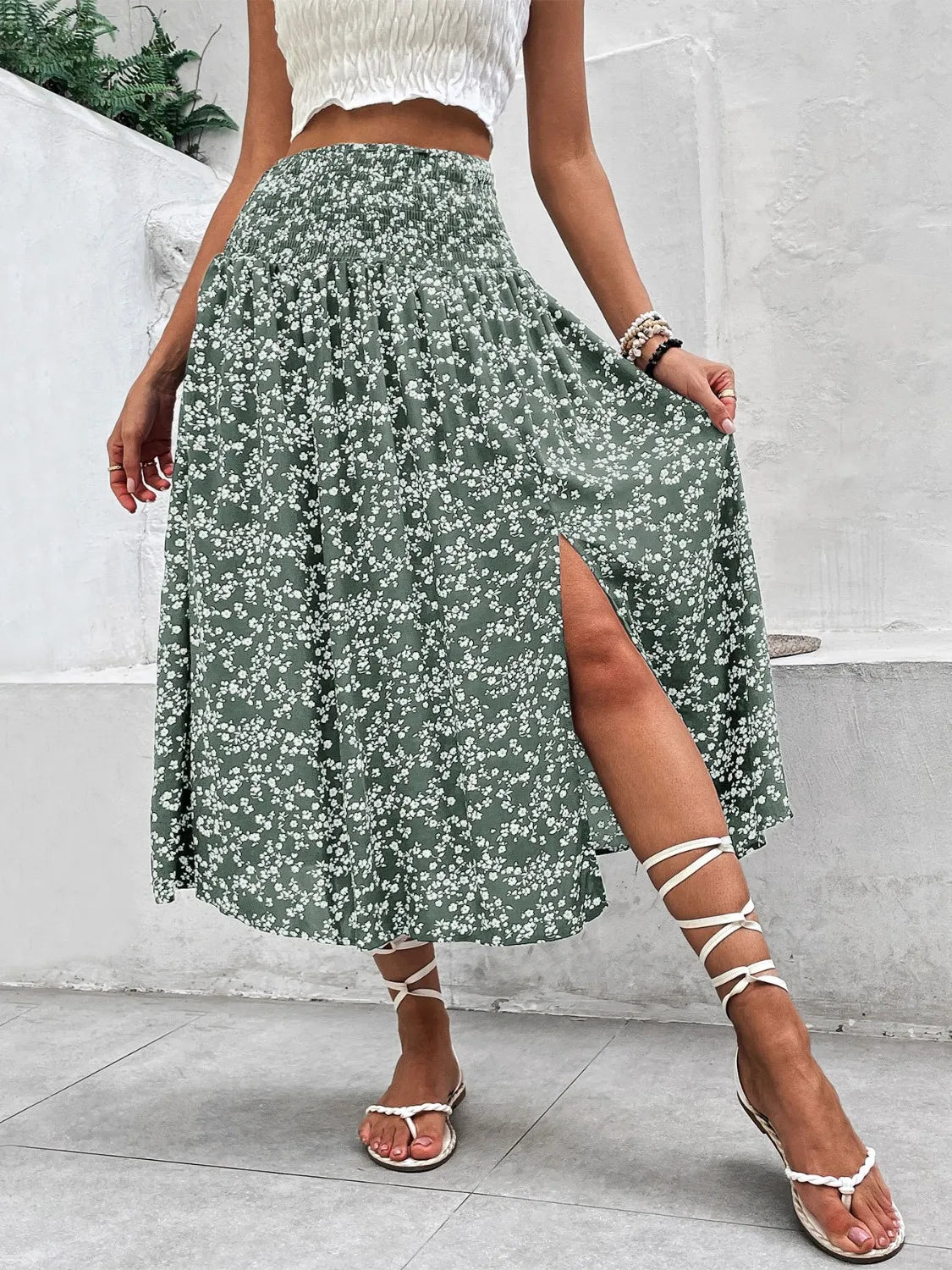 Coastal Inspired Slit Smocked Printed Skirt for Women