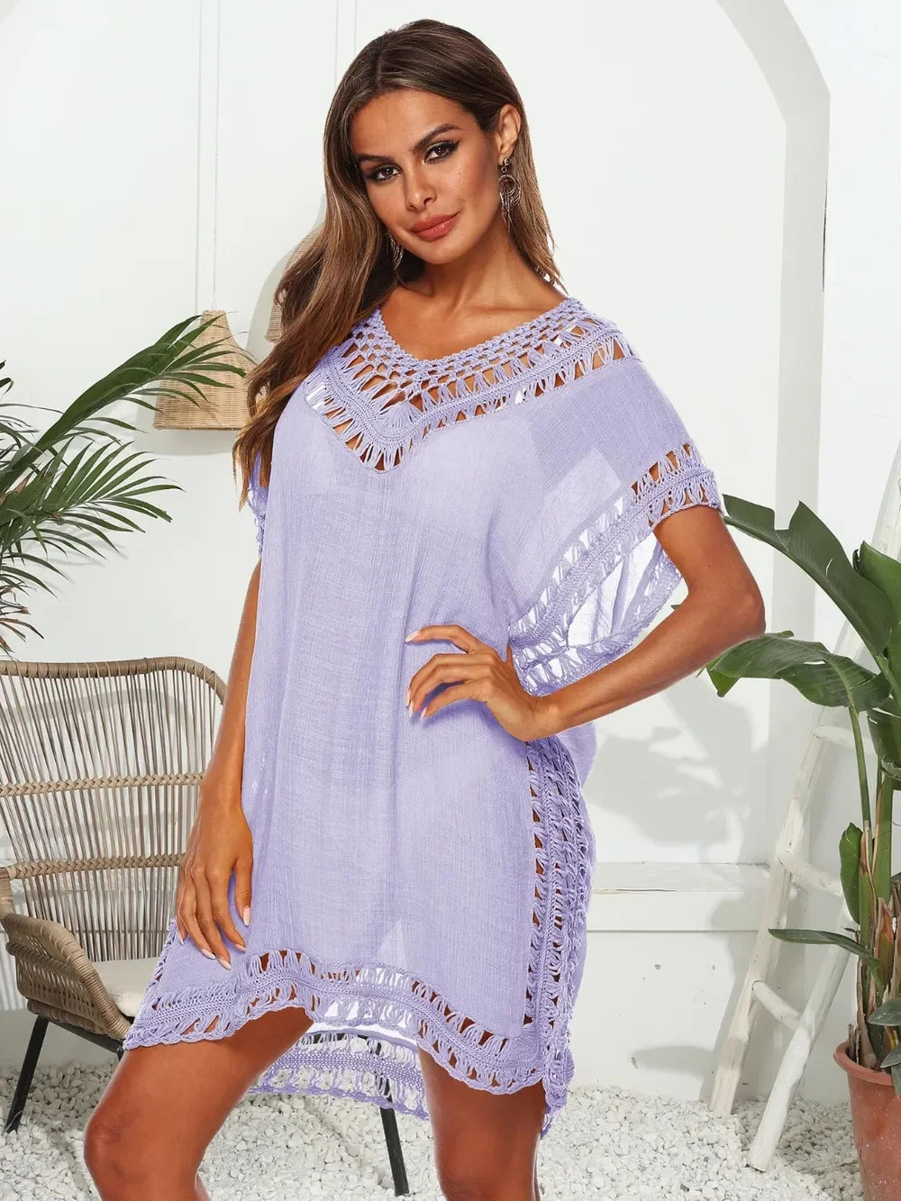 Cutout V-Neck Short Sleeve Cover-Up One Size - Southern Shores Clothing