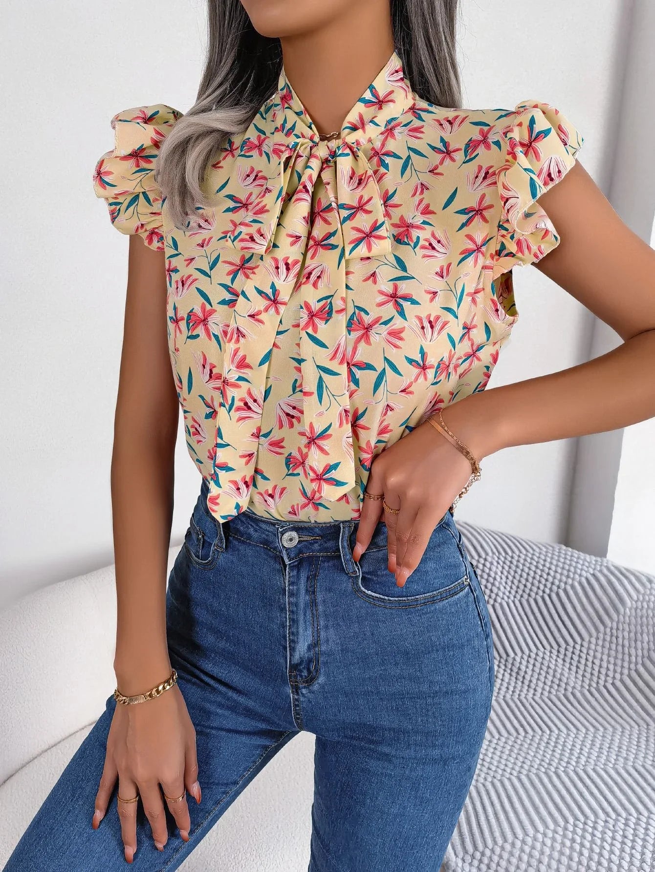 Floral Printed Tie Neck Flutter Sleeve Blouse Polyester - Southern Shores Clothing