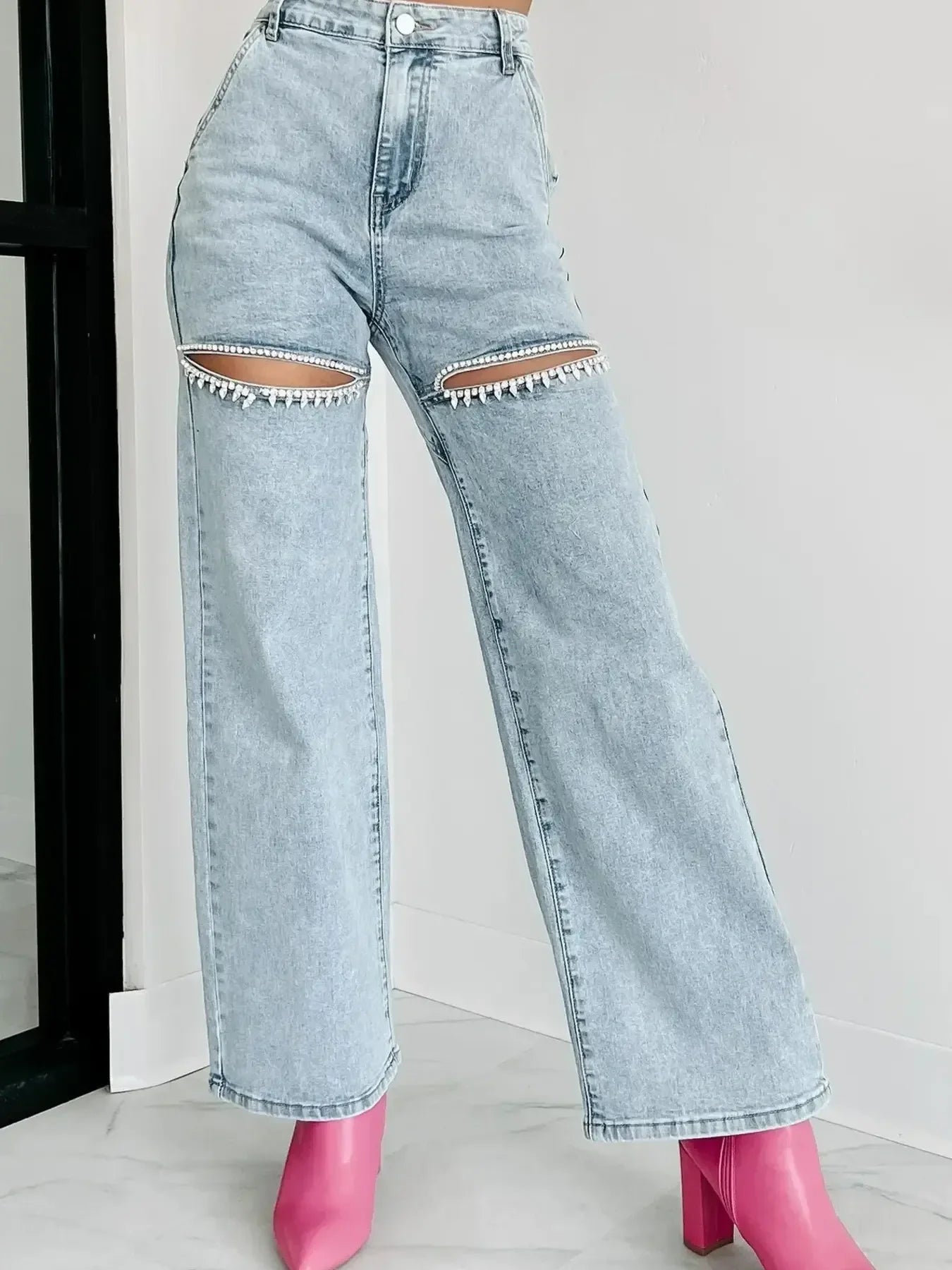 High Waist Cutout Wide Leg Denim Jeans Nautical Style - Southern Shores Clothing