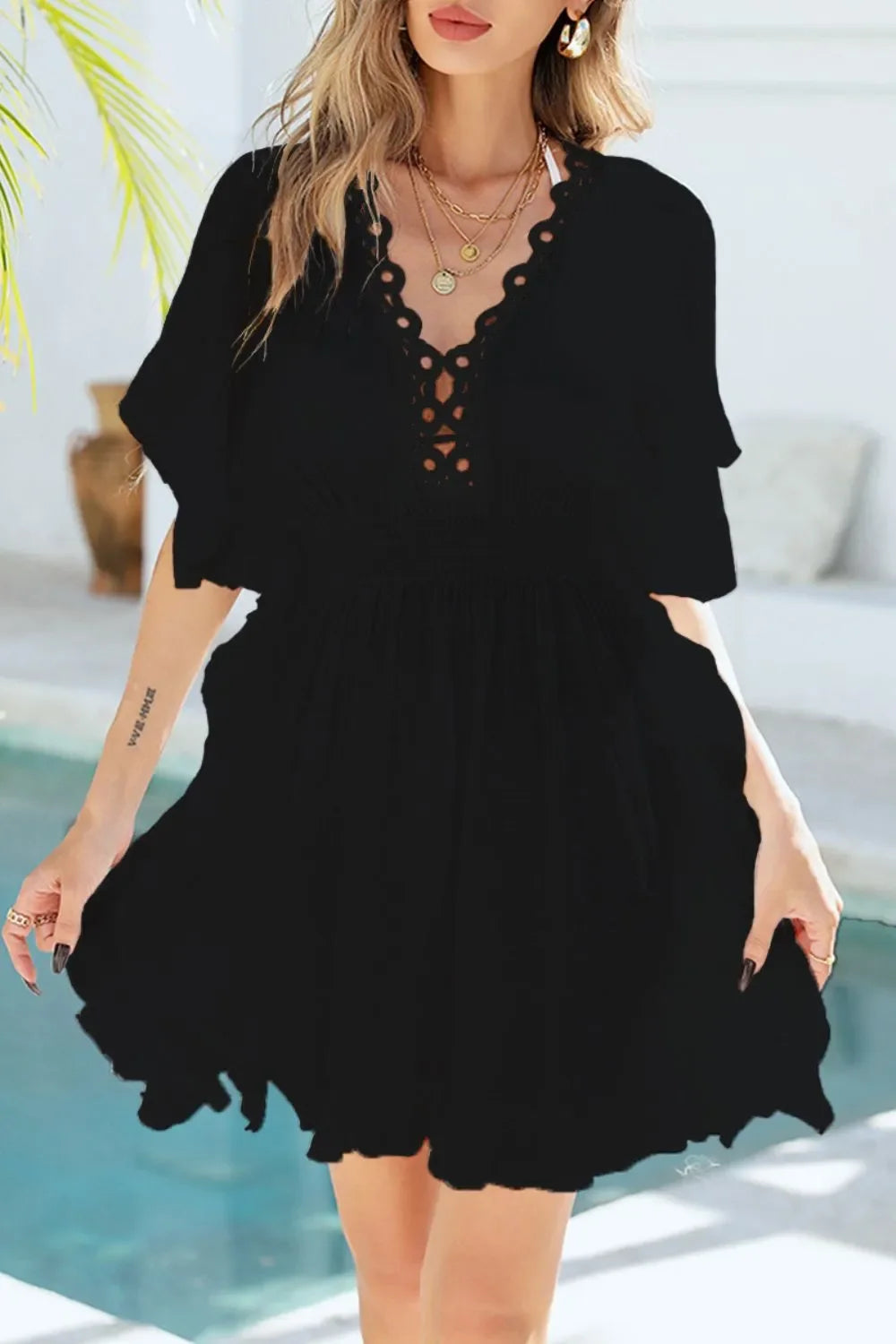 Ruffled Smocked V-Neck One Size Cover-Up - Southern Shores Clothing