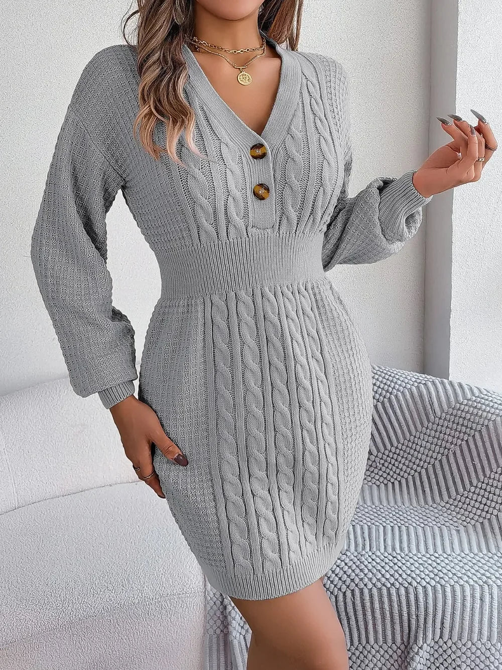 Buttoned Cable-Knit Stretch V-Neck Sweater Dress