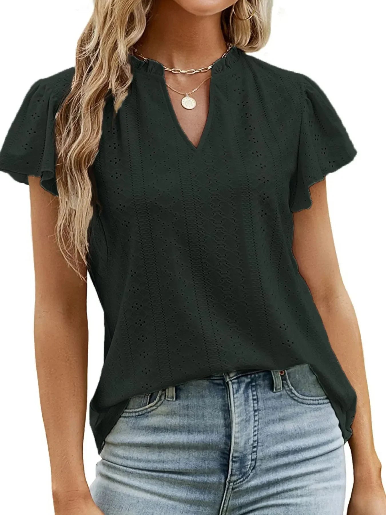 Eyelet Notched Short Sleeve T Shirt With Frills Stretchy - Southern Shores Clothing