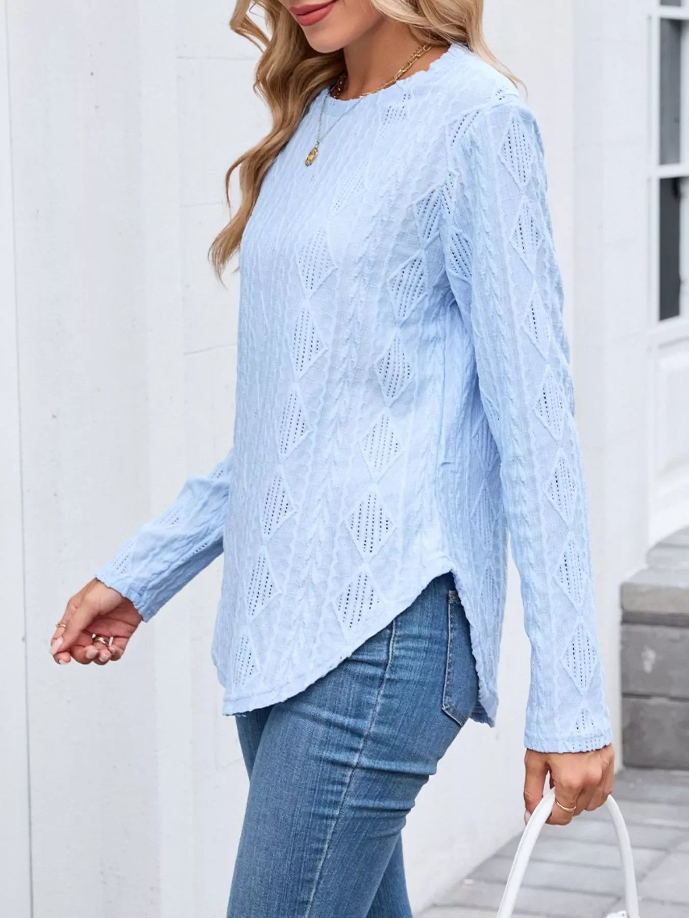 Openwork Textured Long Sleeve Top - Southern Shores Clothing
