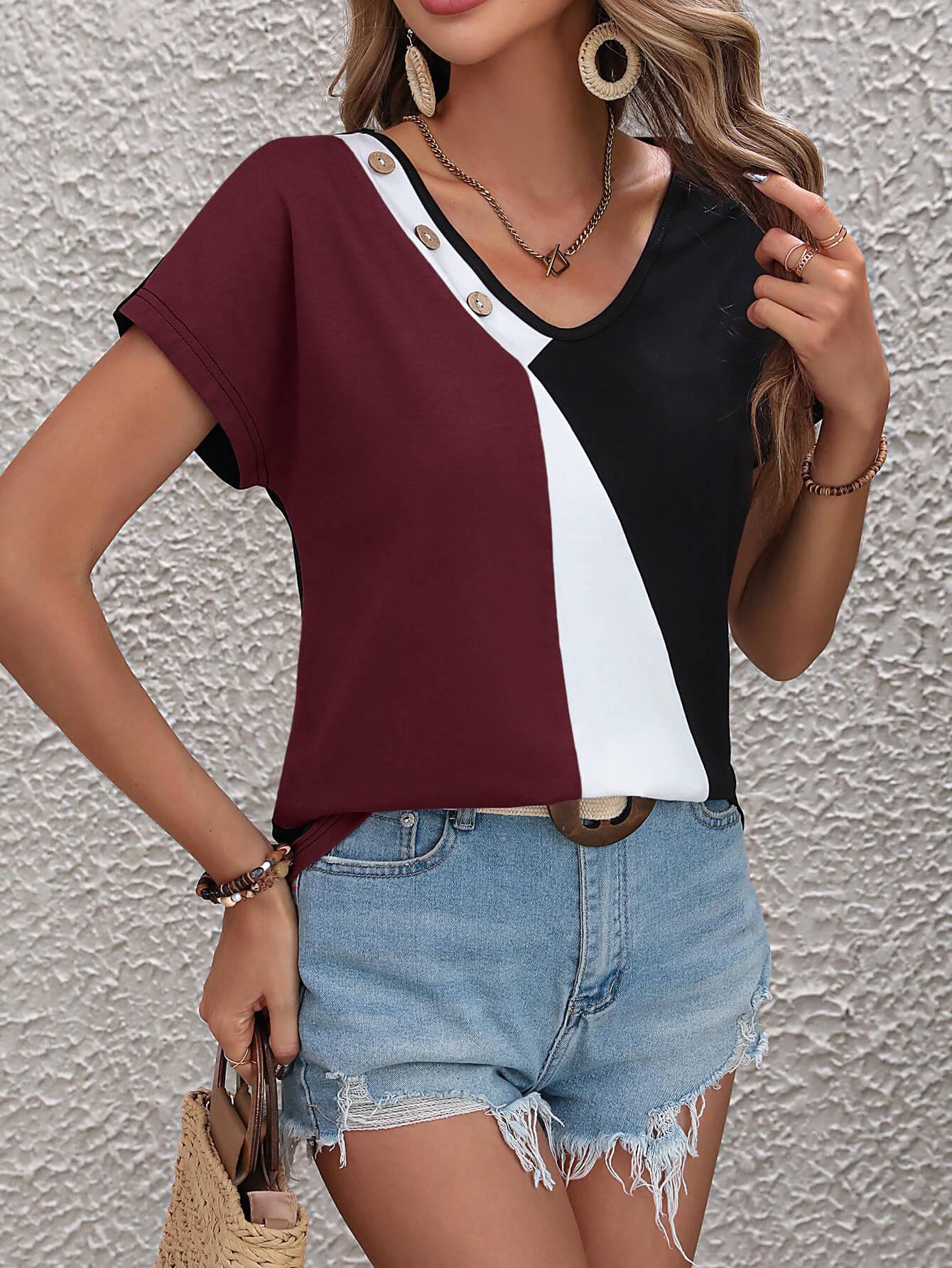 Block V Neck T Shirt With Decorative Buttons - Southern Shores Clothing