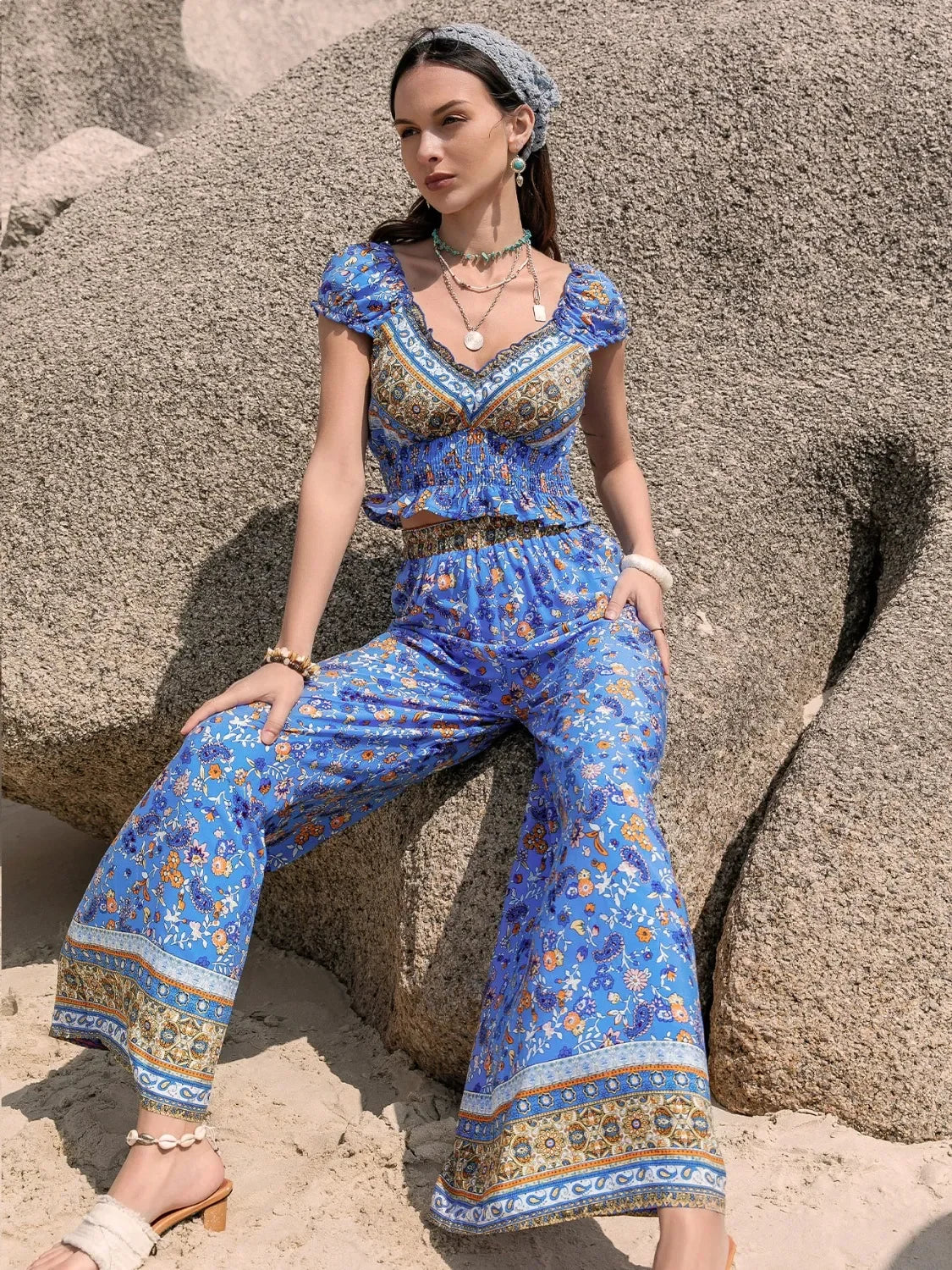 Printed V-Neck Top And Pants Set Floral Print And Ruffle Trim - Southern Shores Clothing
