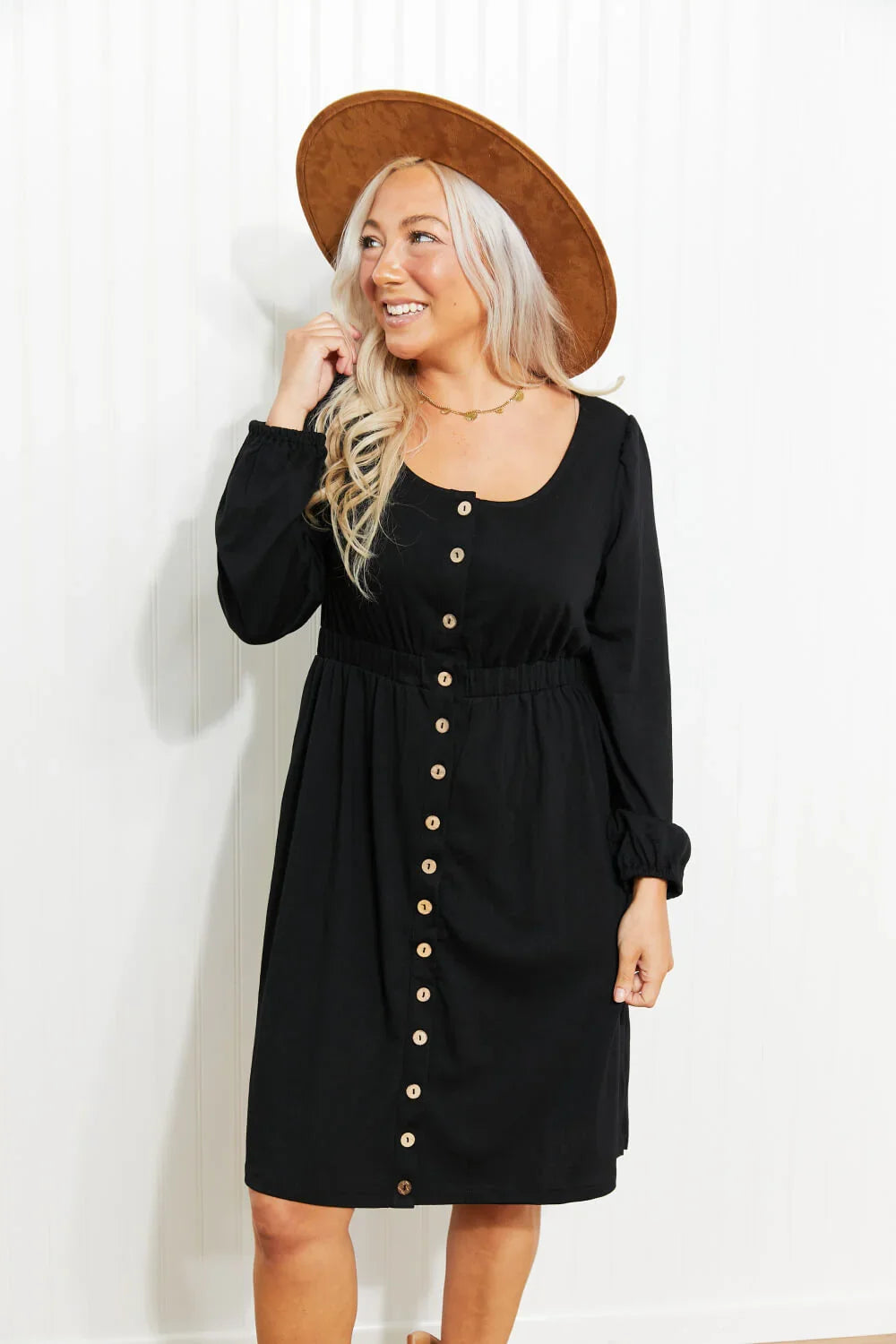 Scoop Neck Empire Waist Long Sleeve Mini Dress - Southern Shores Clothing