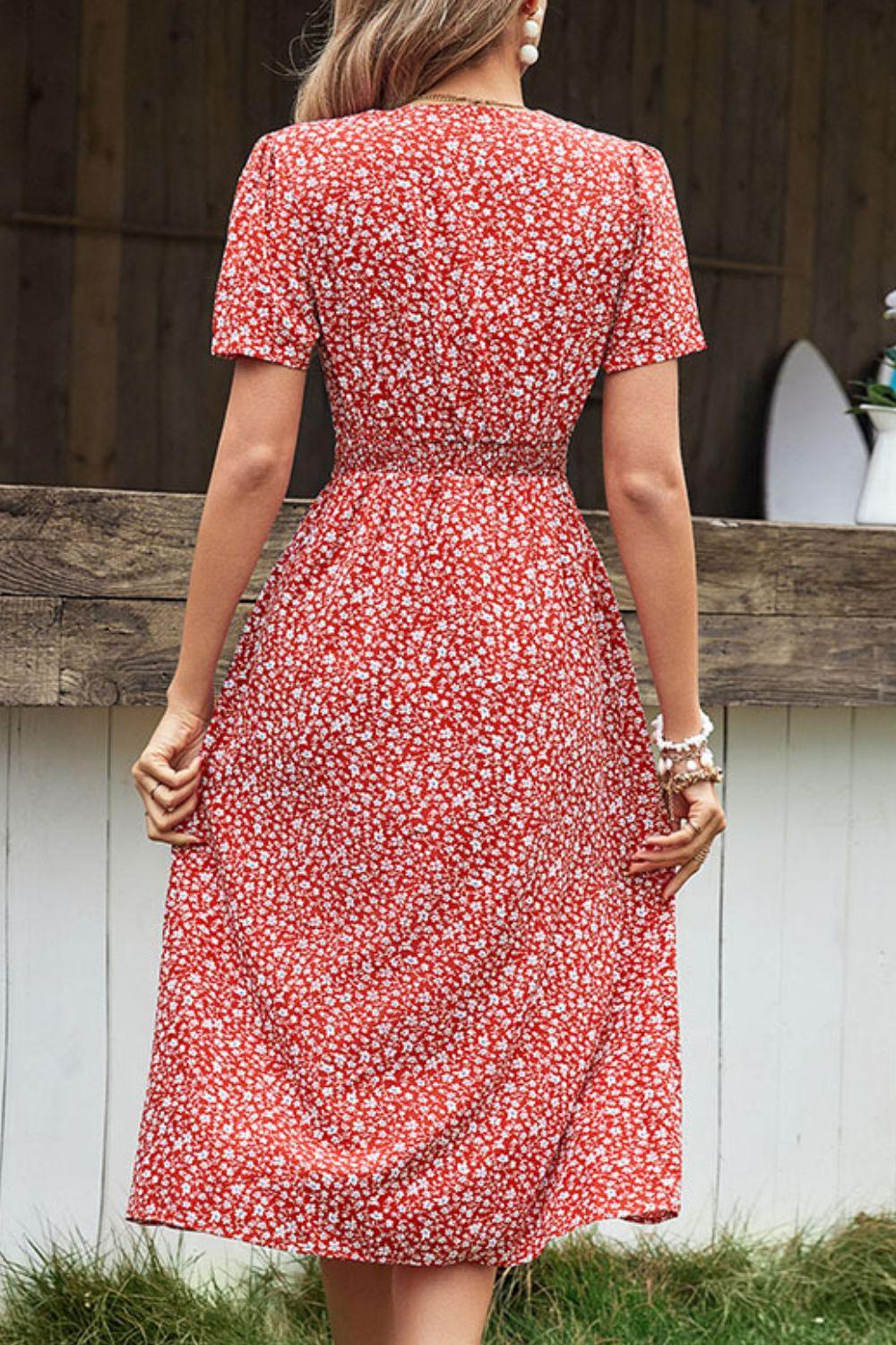 Ditsy Floral Button Front Tied Puff Sleeve Dress - Southern Shores Clothing