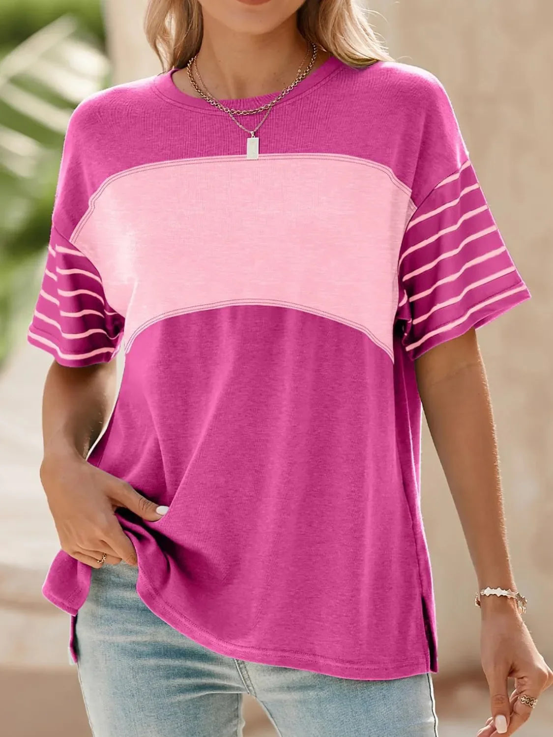 Block Striped Sleeve T Shirt With Lightweight Fabric - Southern Shores Clothing
