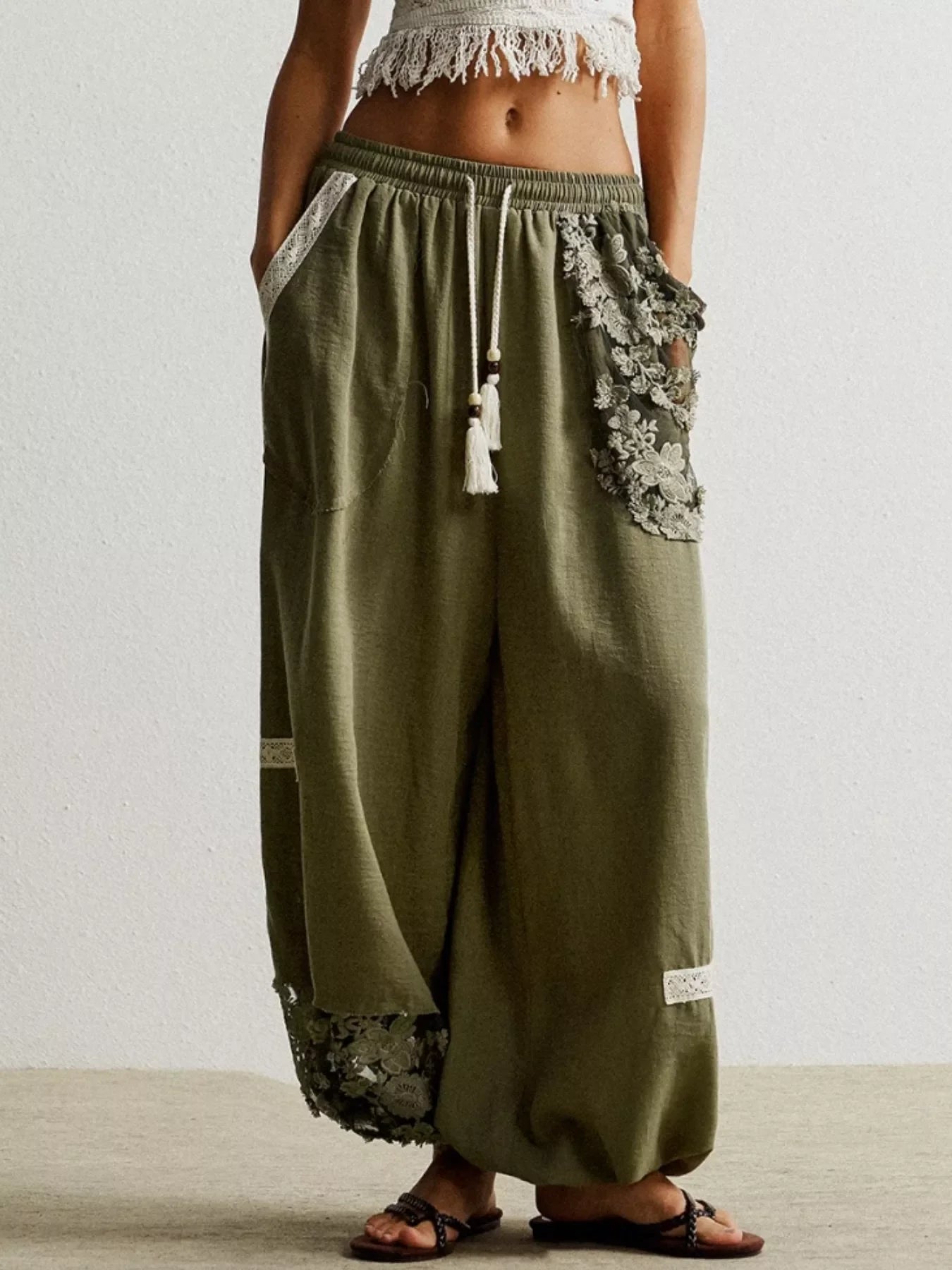 Breathable Lace Detail Drawstring Harem Pants Polyester - Southern Shores Clothing