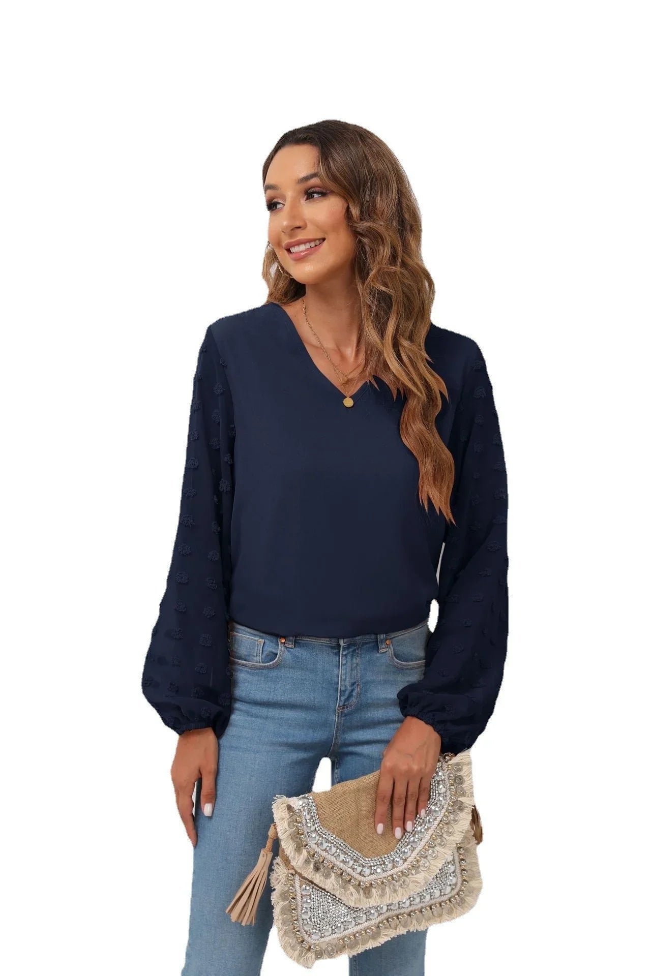 Stretch Swiss Dot V Neck Balloon Sleeve Blouse - Southern Shores Clothing