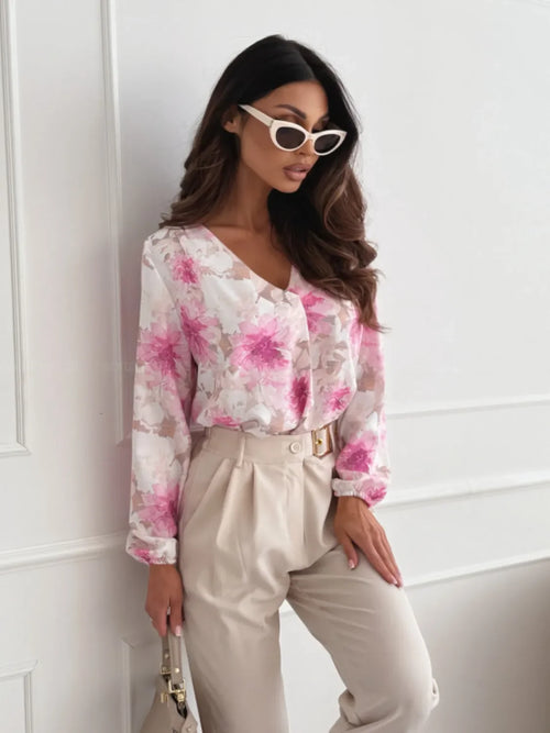 Floral Pattern V-Neck Long Sleeve Blouse - Southern Shores Clothing