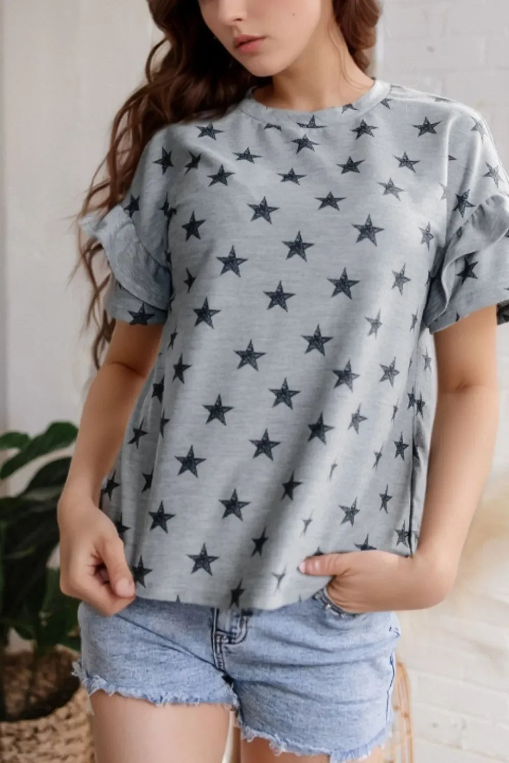Star Print Tiered Ruffled Sleeve Crew Neck T Shirt - Southern Shores Clothing