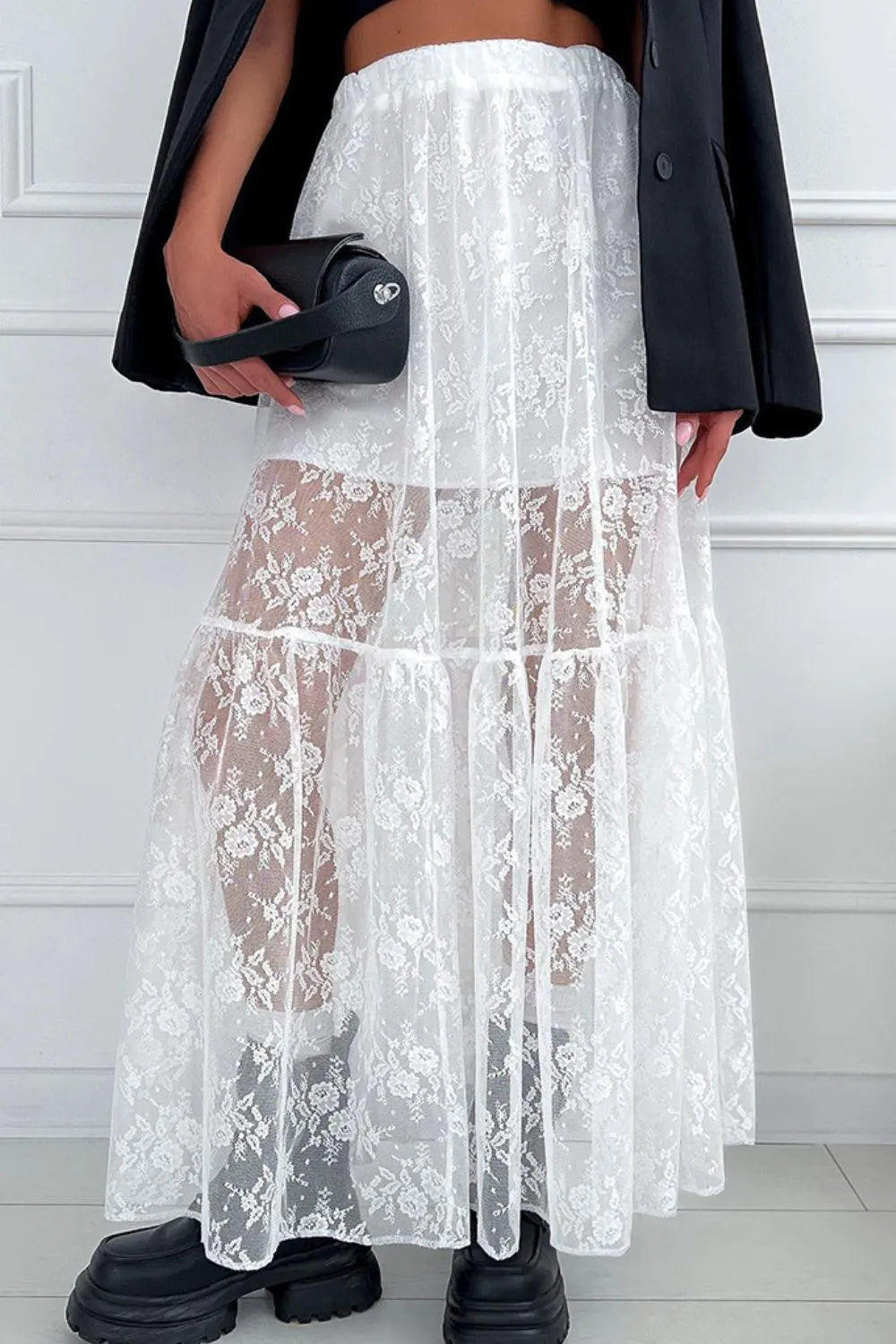 Women's Coastal Lace Elastic Waist Maxi Skirt Design