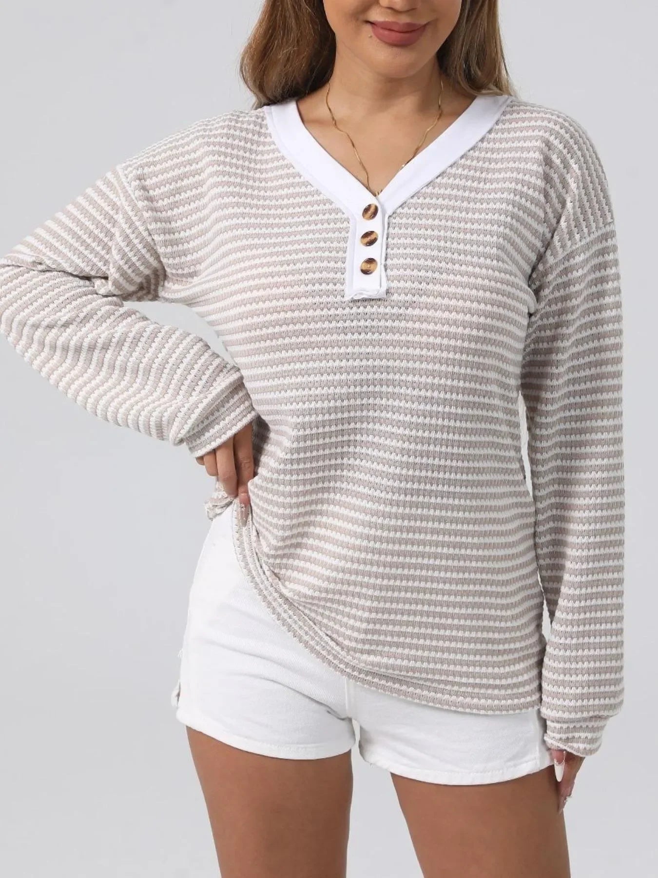Striped Button Detail Long Sleeve Top - Southern Shores Clothing