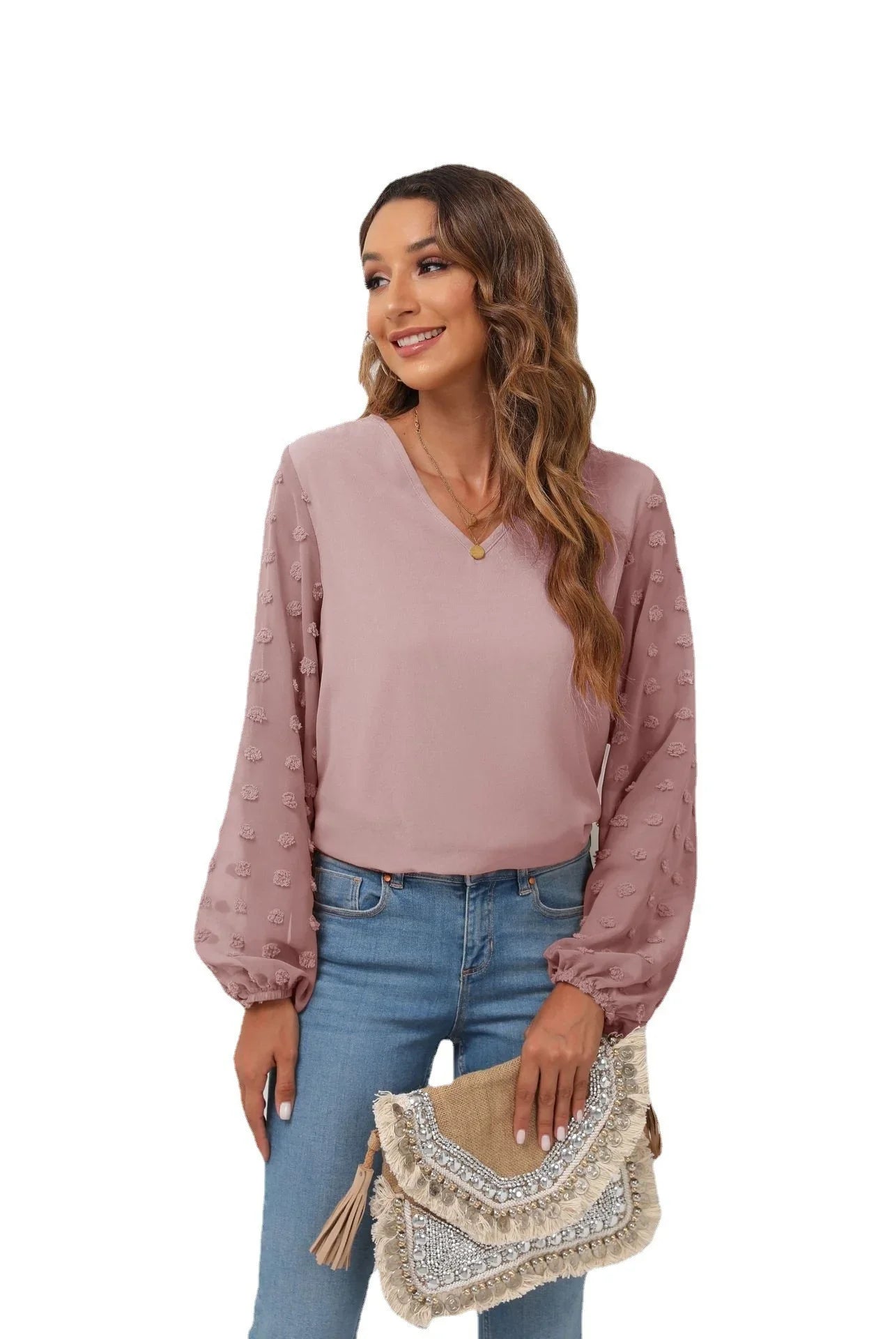 Stretch Swiss Dot V Neck Balloon Sleeve Blouse - Southern Shores Clothing
