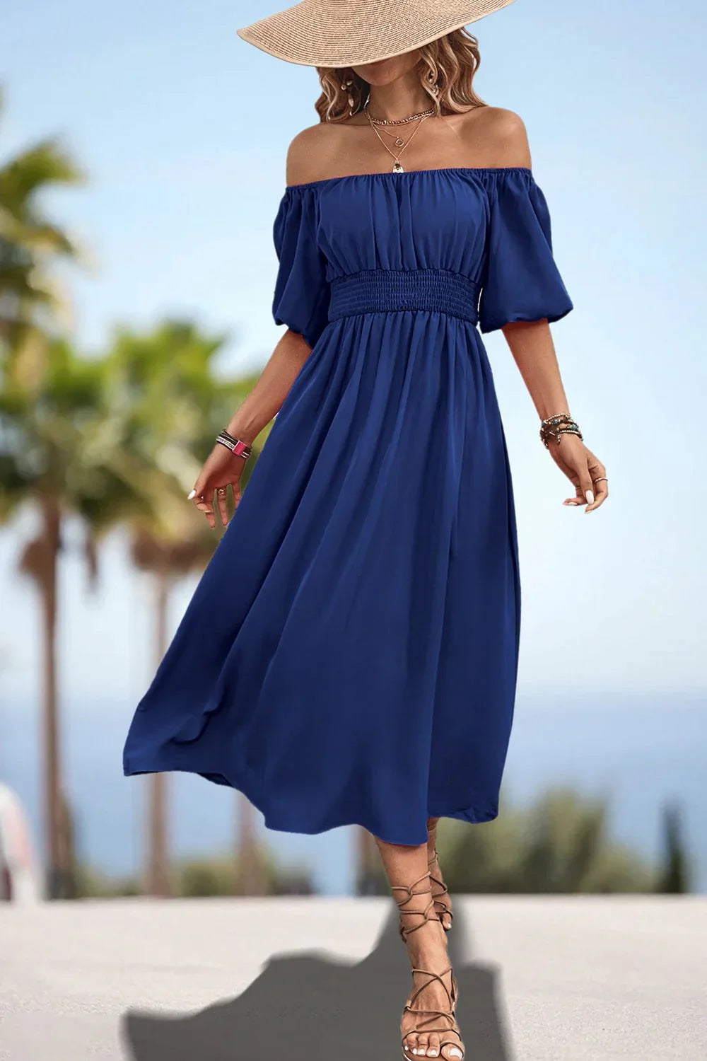 Square Neck Smocked Waist Puff Sleeve Midi Dress - Southern Shores Clothing
